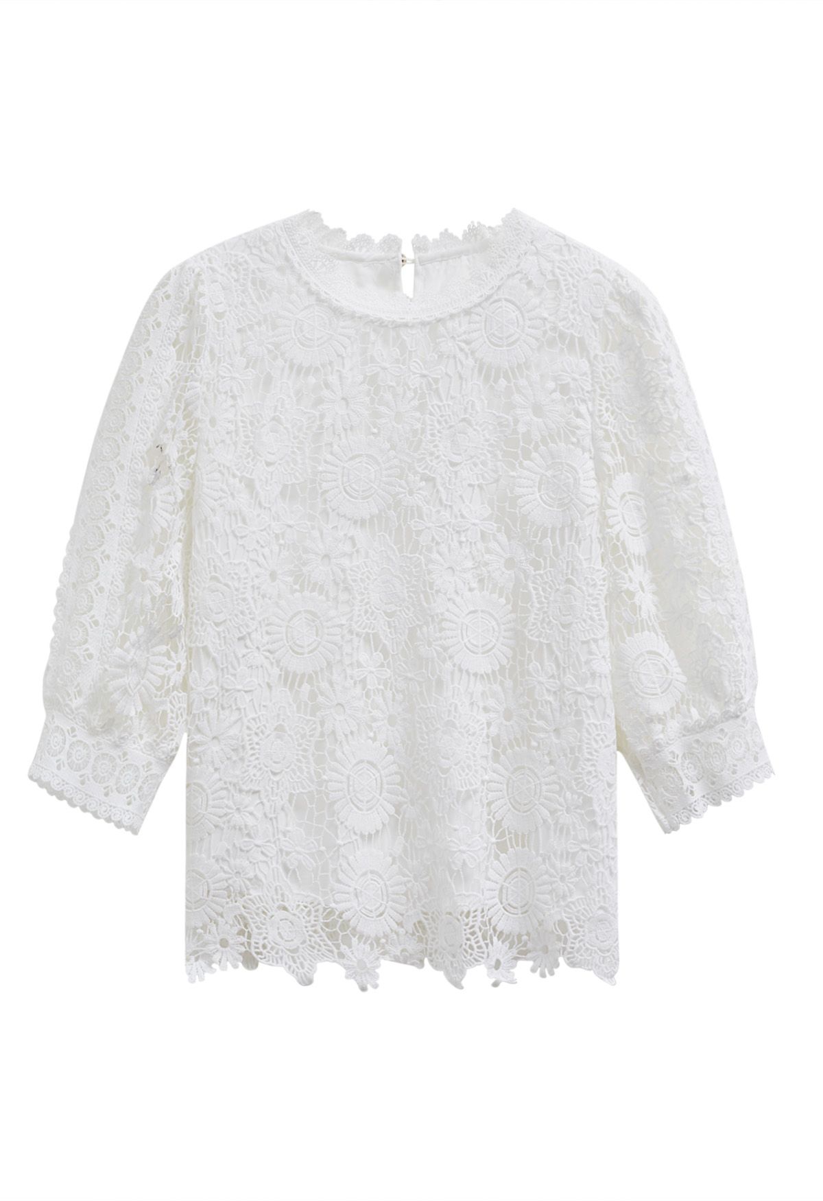 Full Floral Guipure Lace Elbow Sleeve Top in White