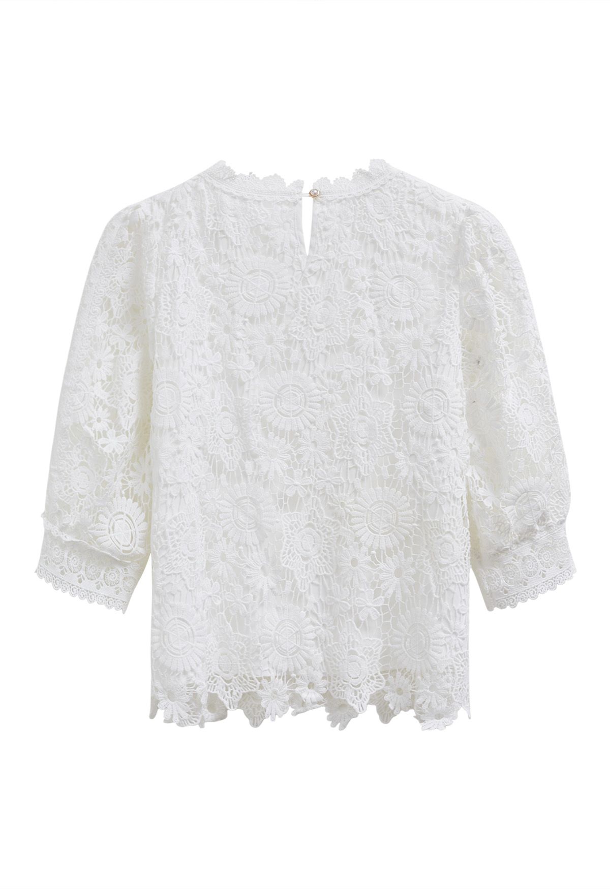 Full Floral Guipure Lace Elbow Sleeve Top in White