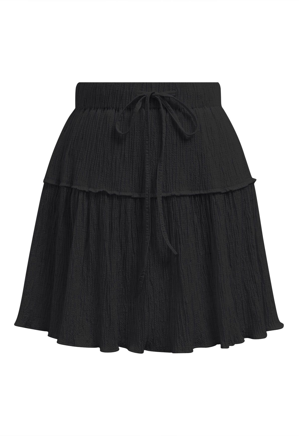 Embossed Texture Drawstring Waist Skater Skirt in Black Retro Indie and Unique Fashion