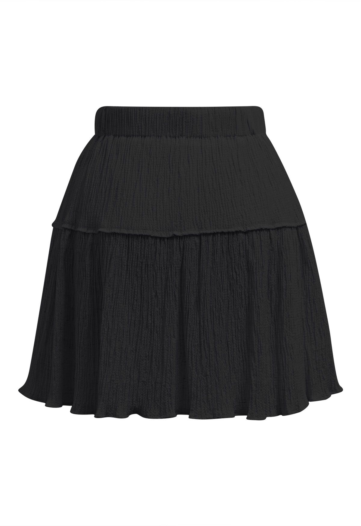 Embossed Texture Drawstring Waist Skater Skirt in Black