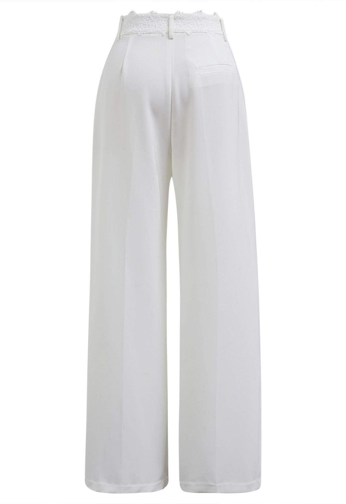 Lacy Waist Pleated Straight-Leg Pants in White