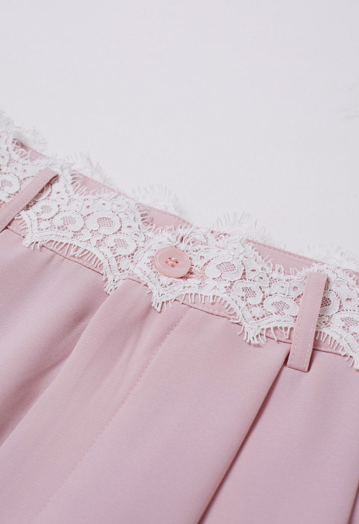 Lacy Waist Pleated Straight-Leg Pants in Pink