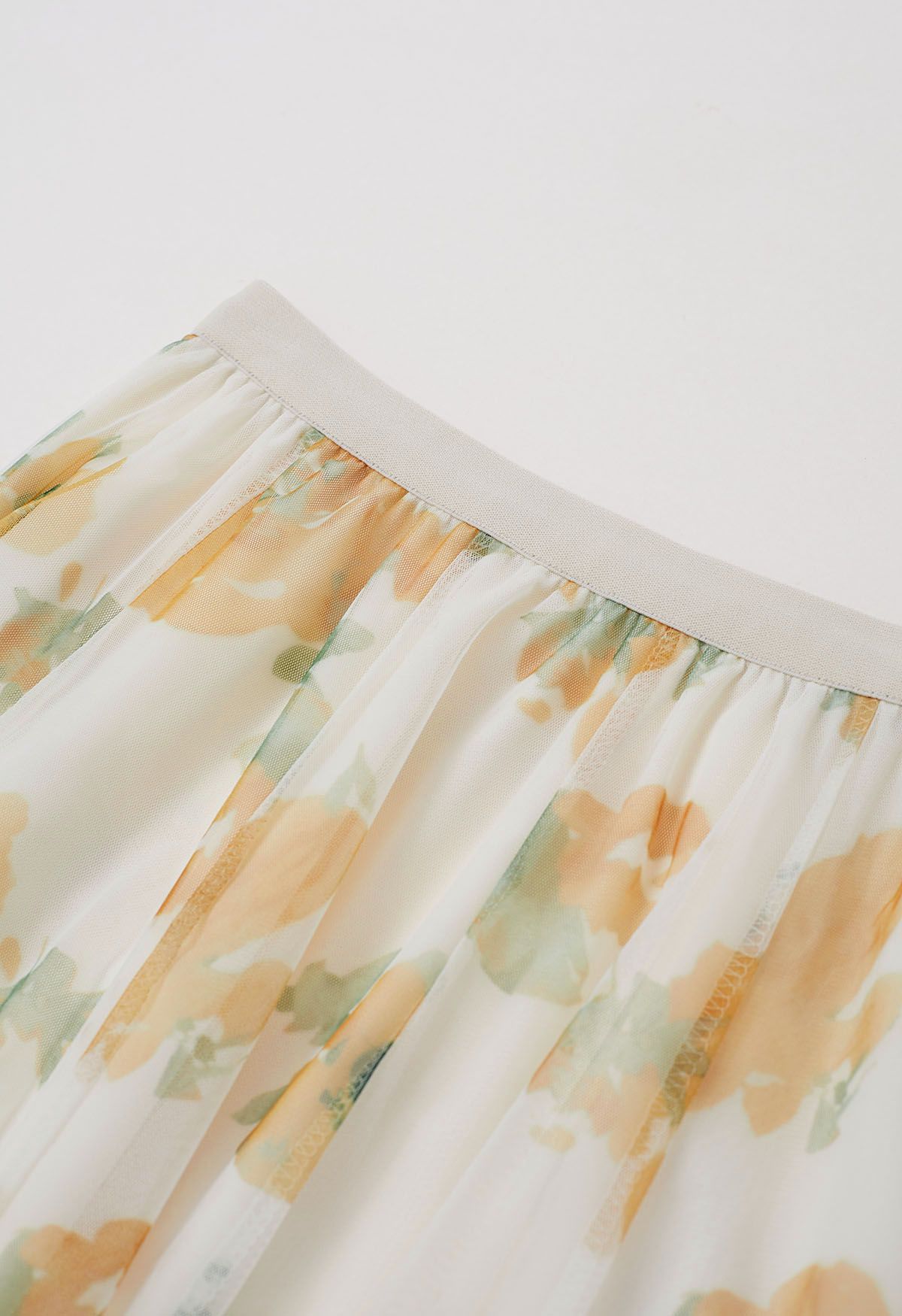 Watercolor Floral Mesh Tulle Midi Skirt in Light Yellow