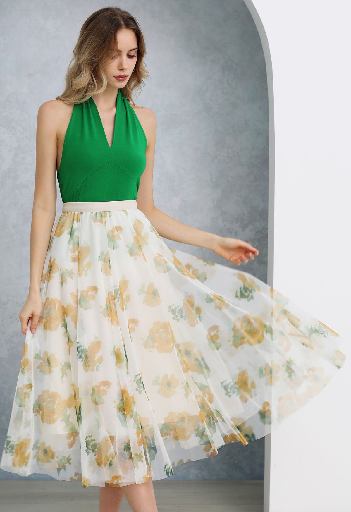 Lime green midi tulle skirt best sale