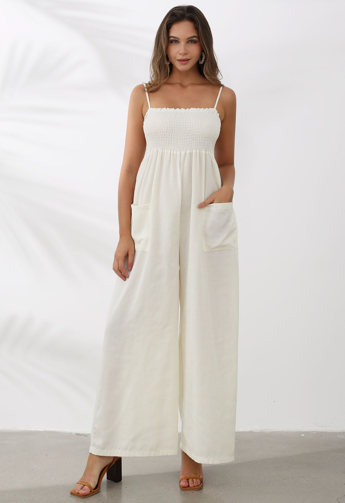 Snazzy Patch Pocket Wide Leg Cami Jumpsuit in Ivory