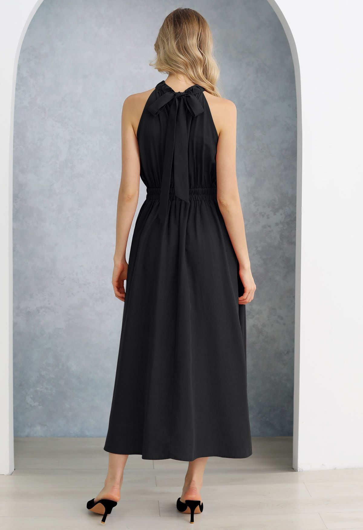 Self-Tie Back Bow Halter Maxi Dress in Black