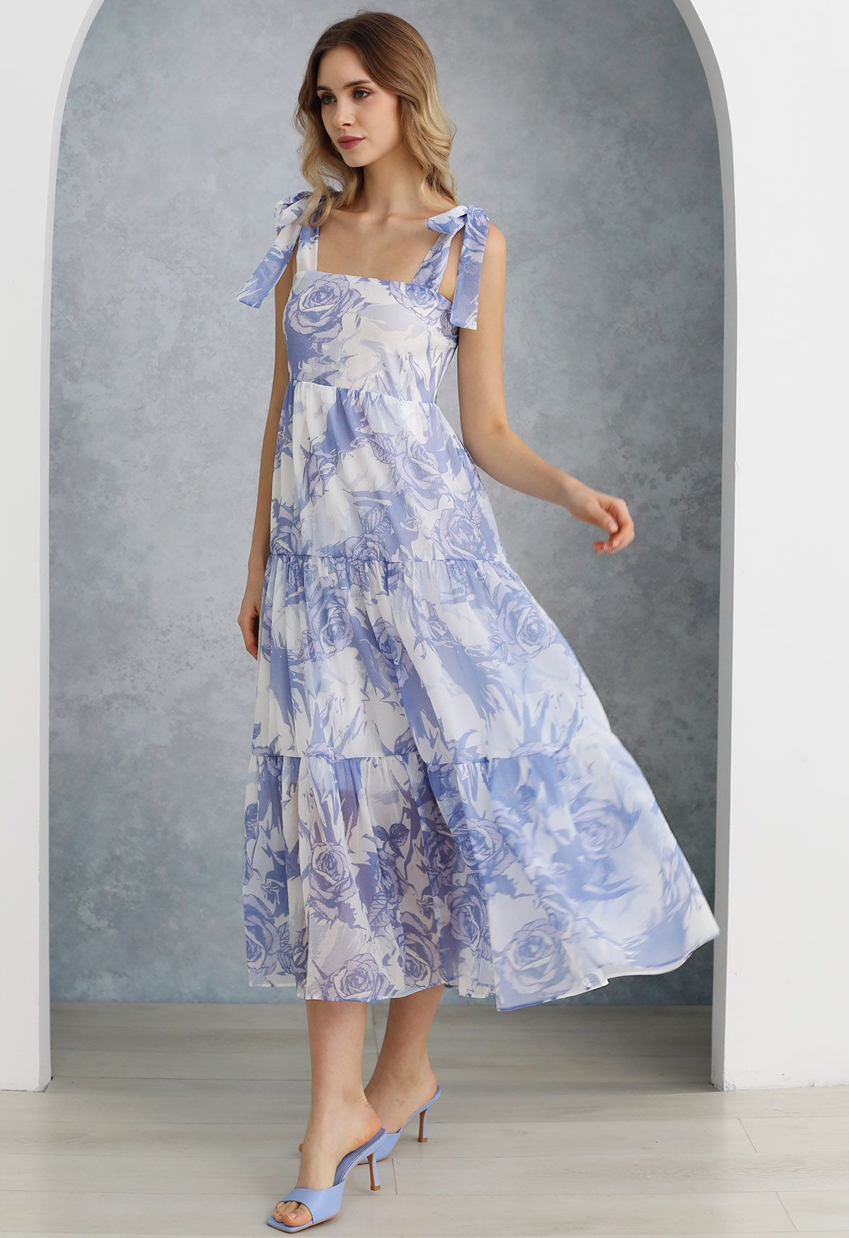 Tranquil Blue Rose Tie-Strap Maxi Dress