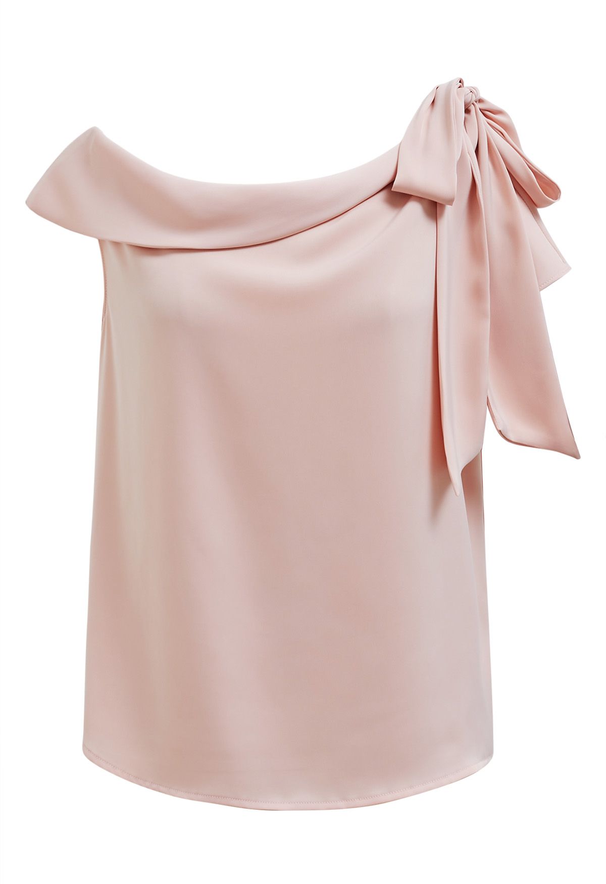 Side Bowknot Asymmetrical Neckline Satin Top in Pink