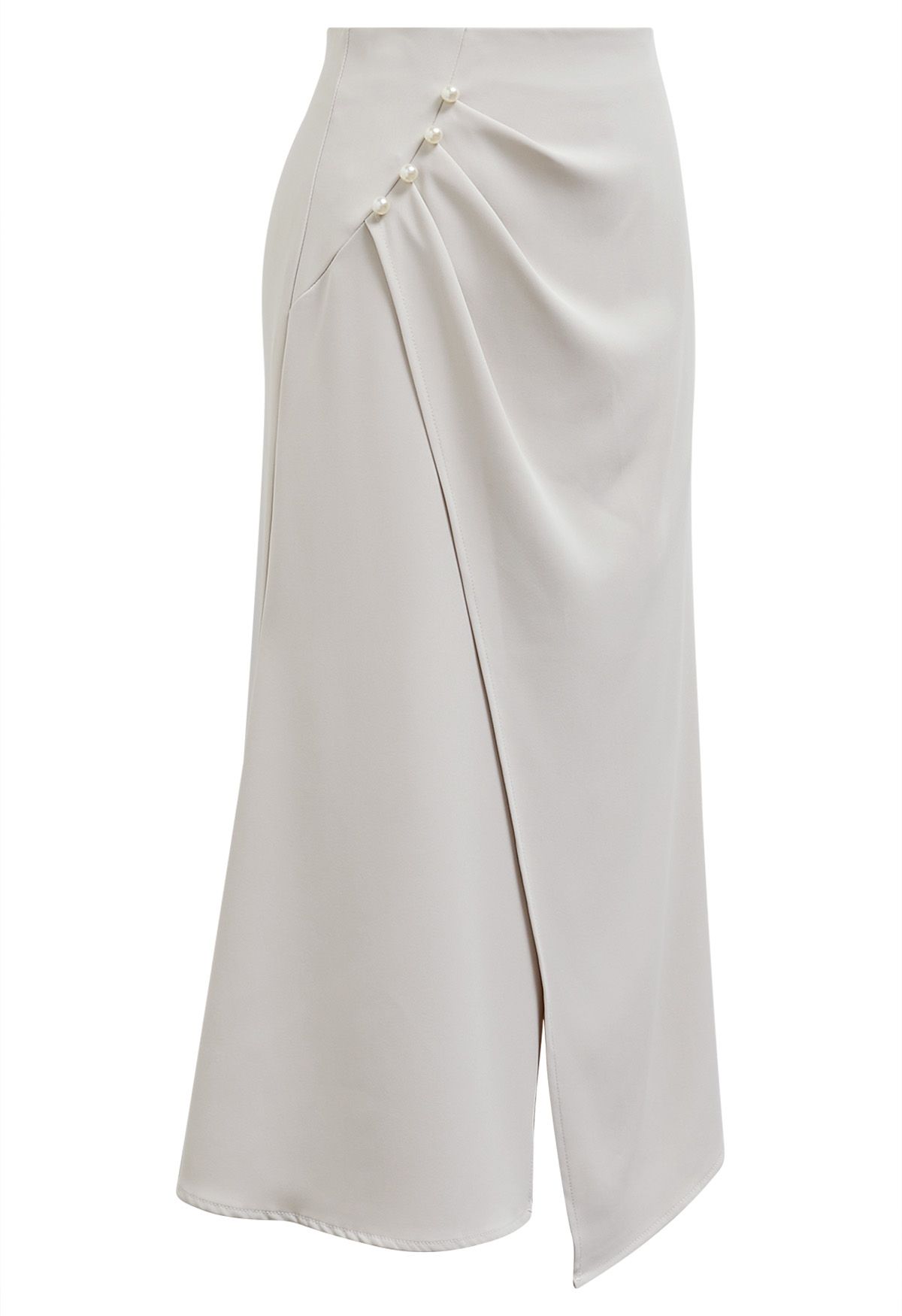 Pearl Side Pleats Asymmetric Flap Midi Skirt in Ivory