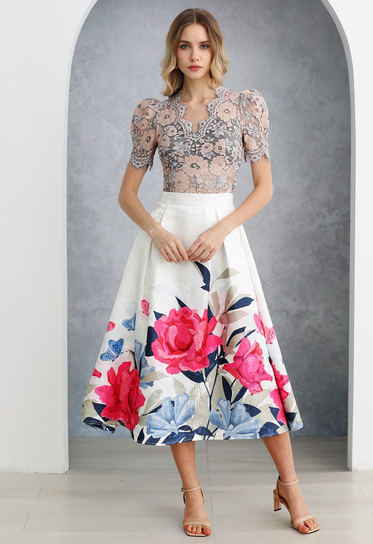 Garden Blossom Jacquard Pleated Flare Midi Skirt