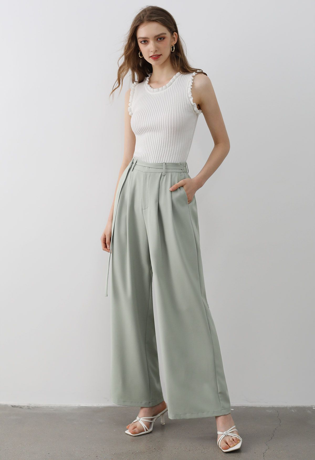 Belted Waist Pleated Palazzo Pants in Pea Green