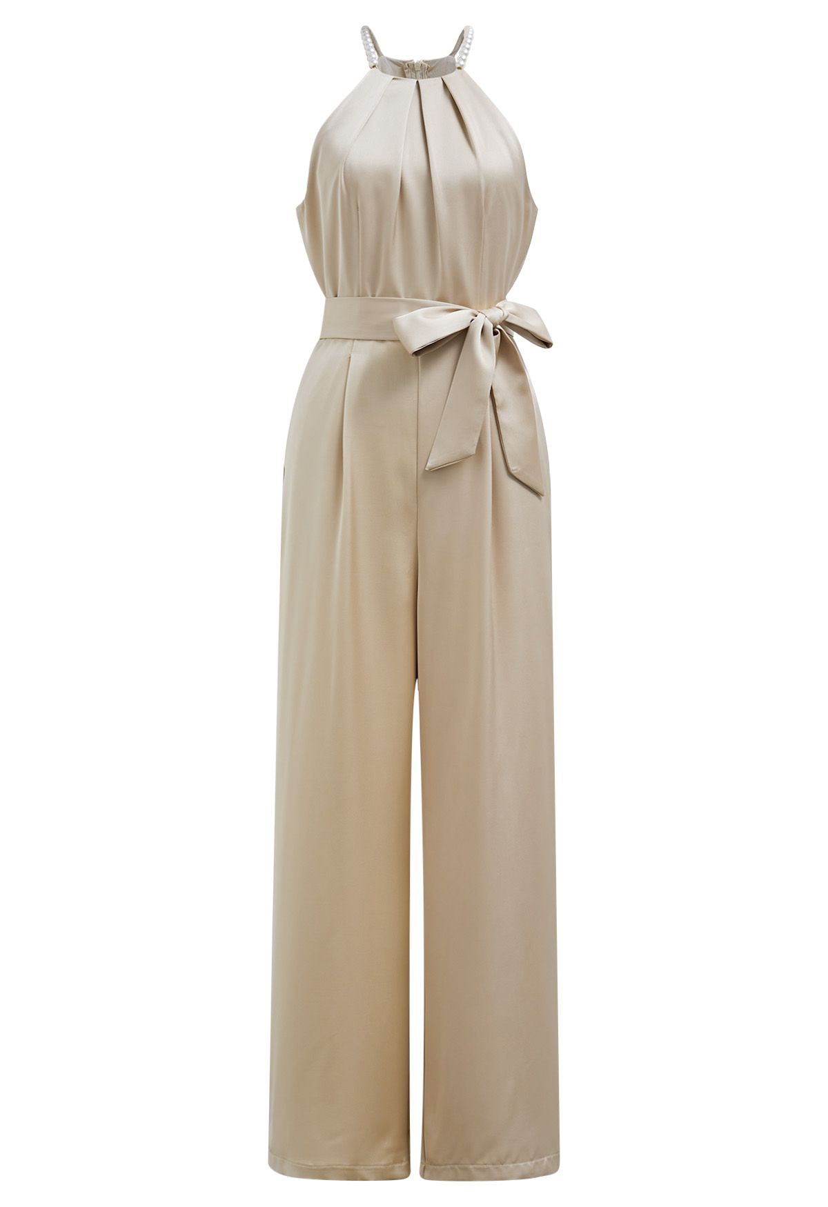 Satin Tie-Waist Pearly Halter Jumpsuit in Sand