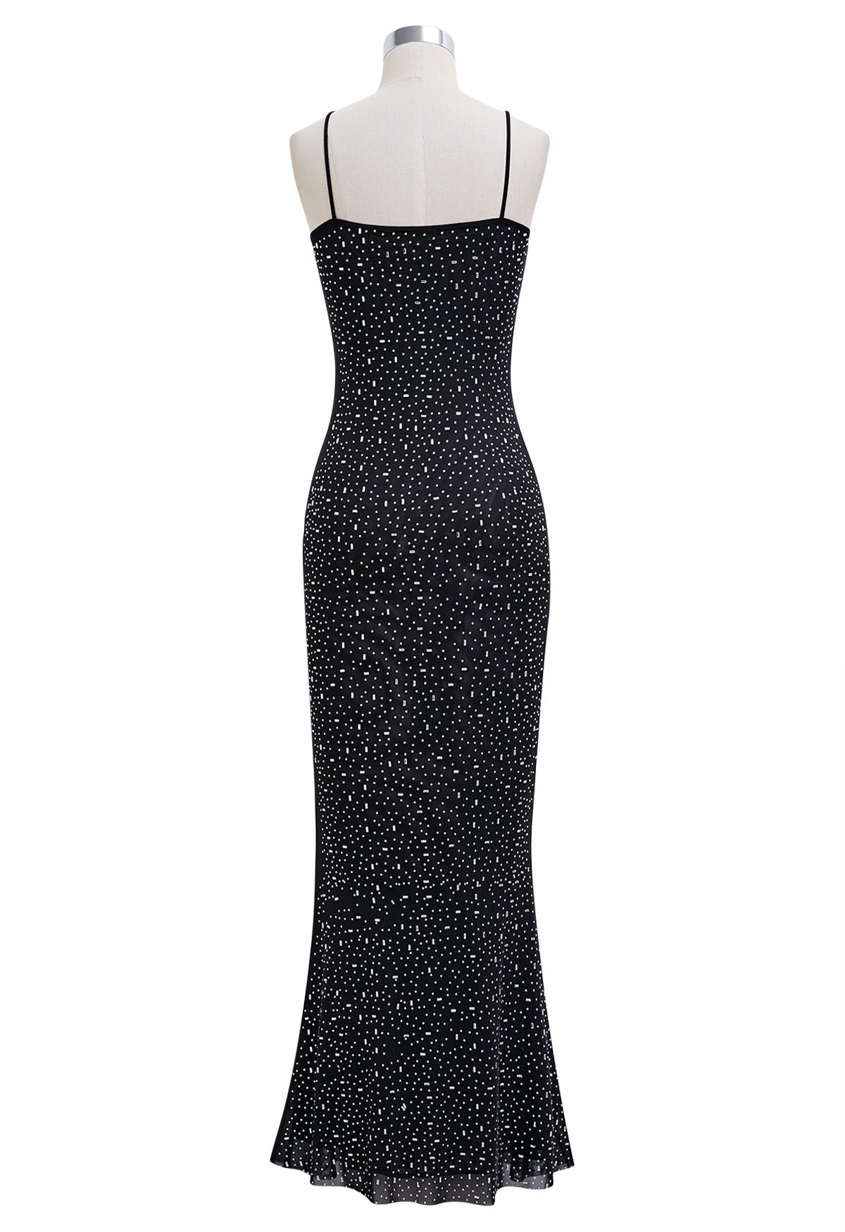 Rhinestone Embellished Bodycon Mesh Maxi Dress in Black