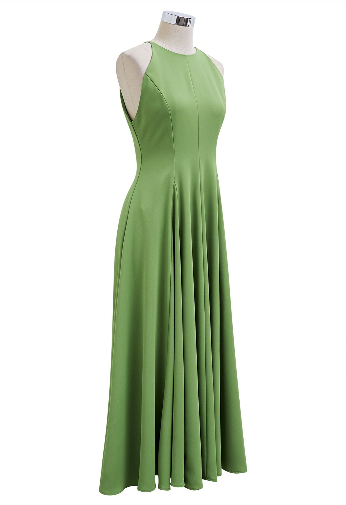 Refined Halter Neck Panelled Midi Dress in Green 