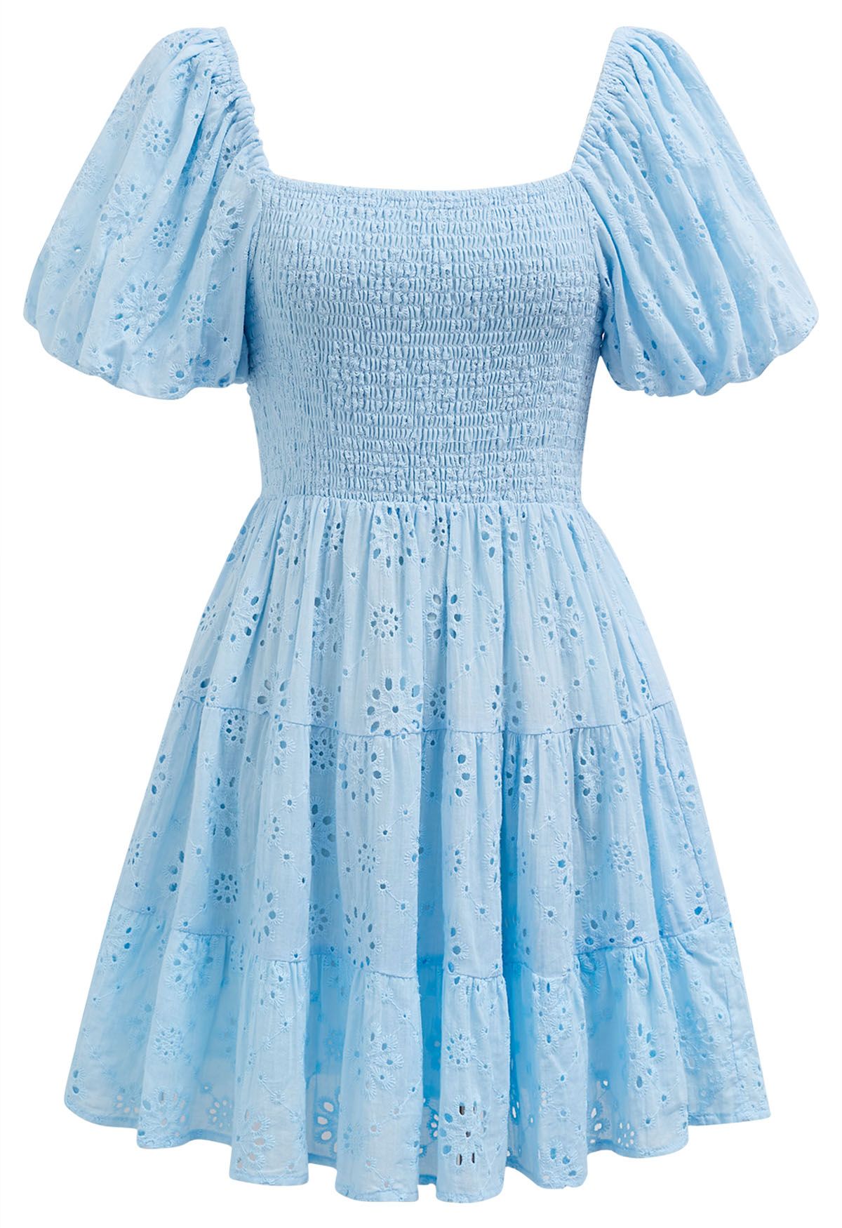 Floral Eyelet Bubble Sleeve Mini Dress in Blue