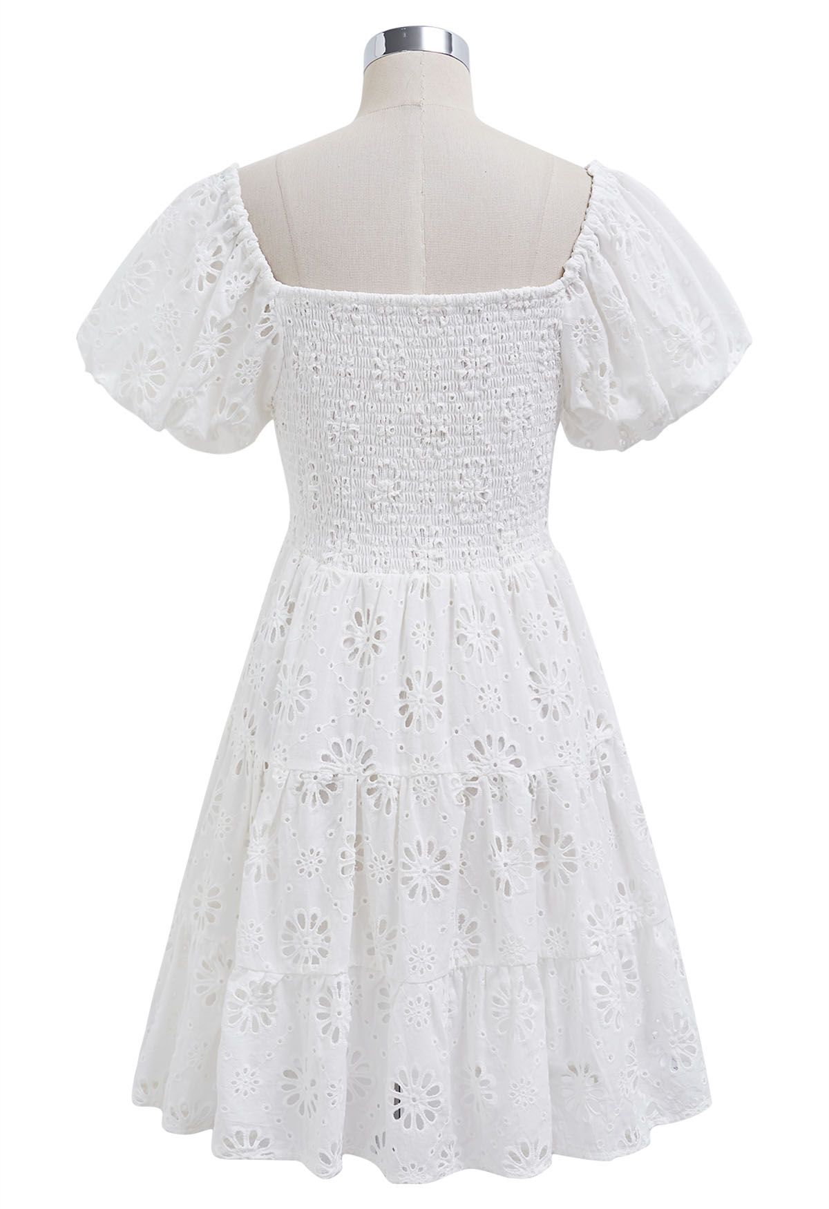 Floral Eyelet Bubble Sleeve Mini Dress in White