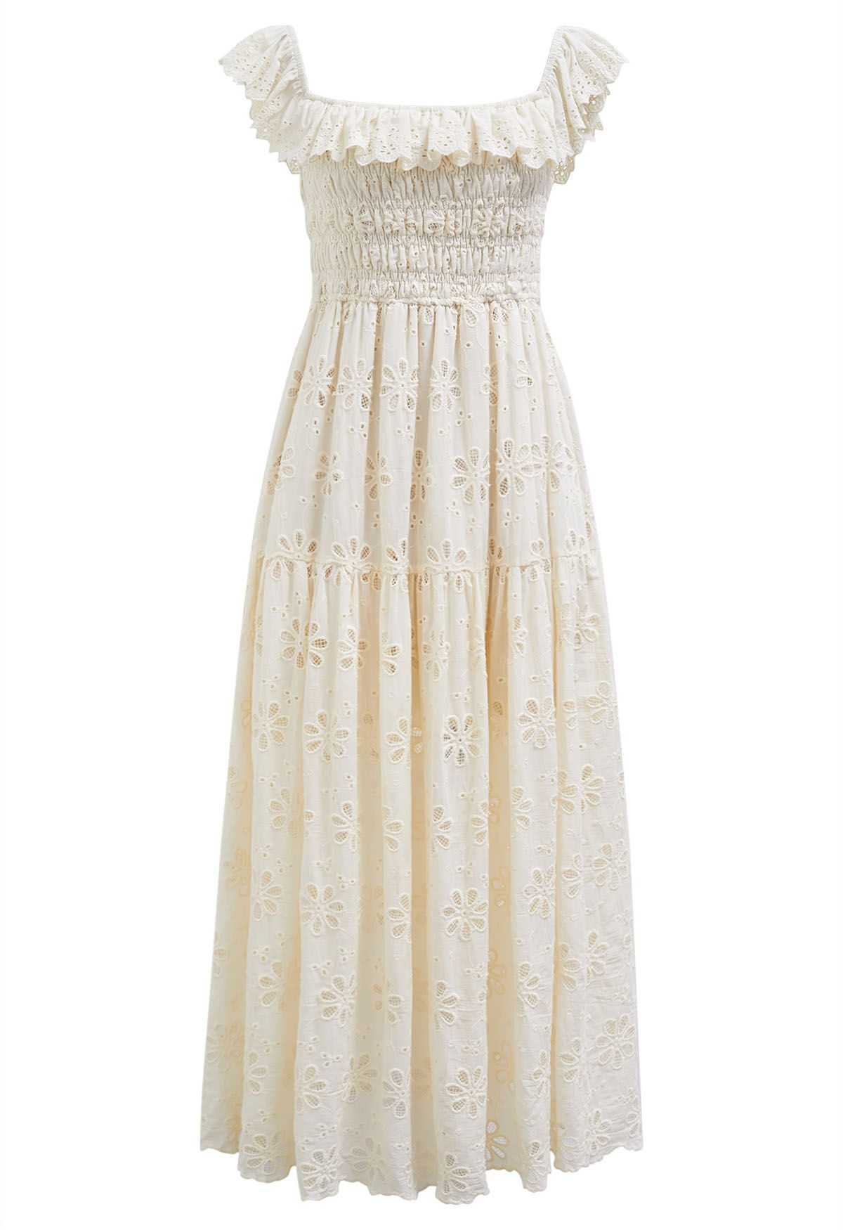 Embroidered Daisy Ruffled Off-Shoulder Midi Dress in Cream