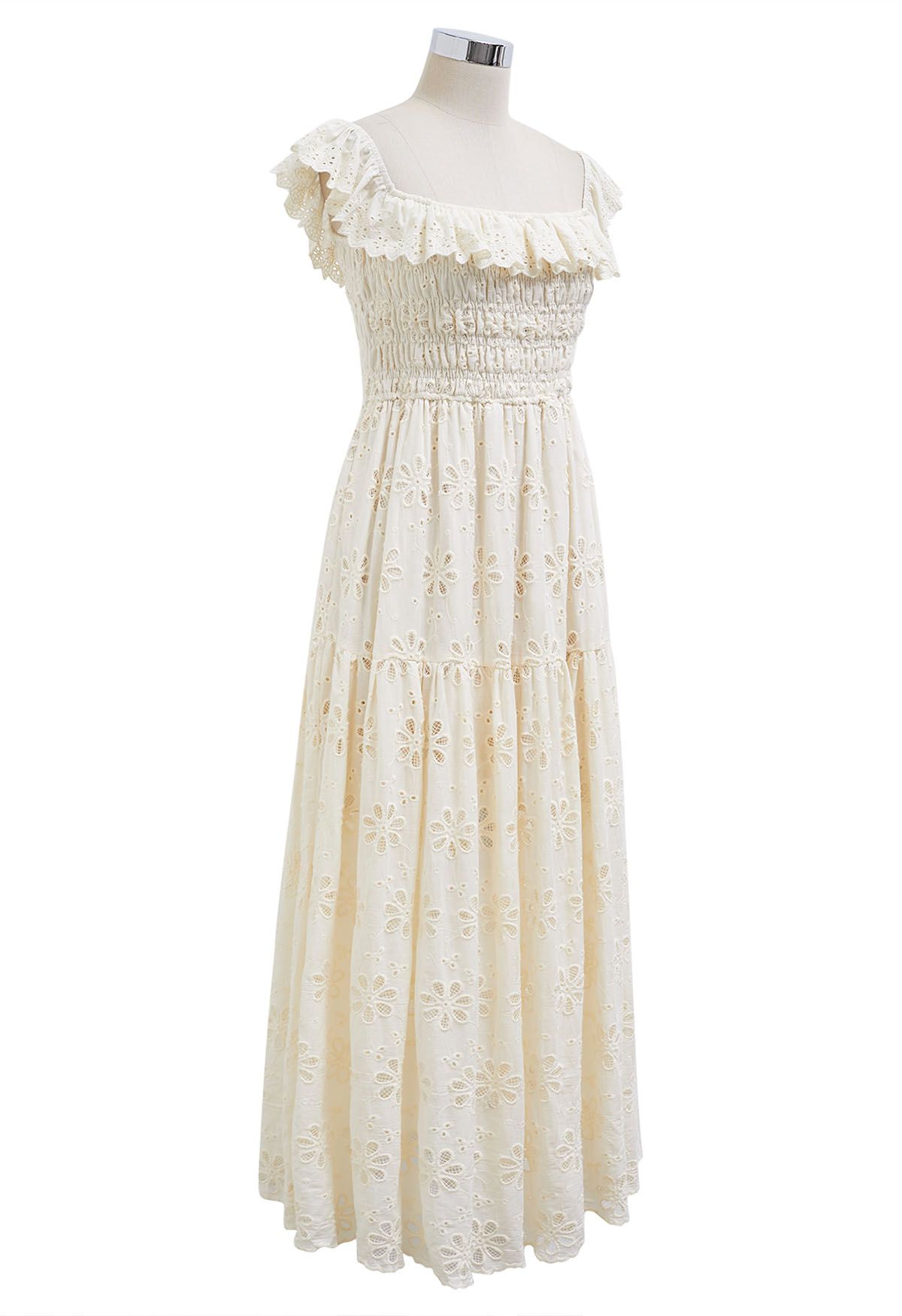 Embroidered Daisy Ruffled Off-Shoulder Midi Dress in Cream