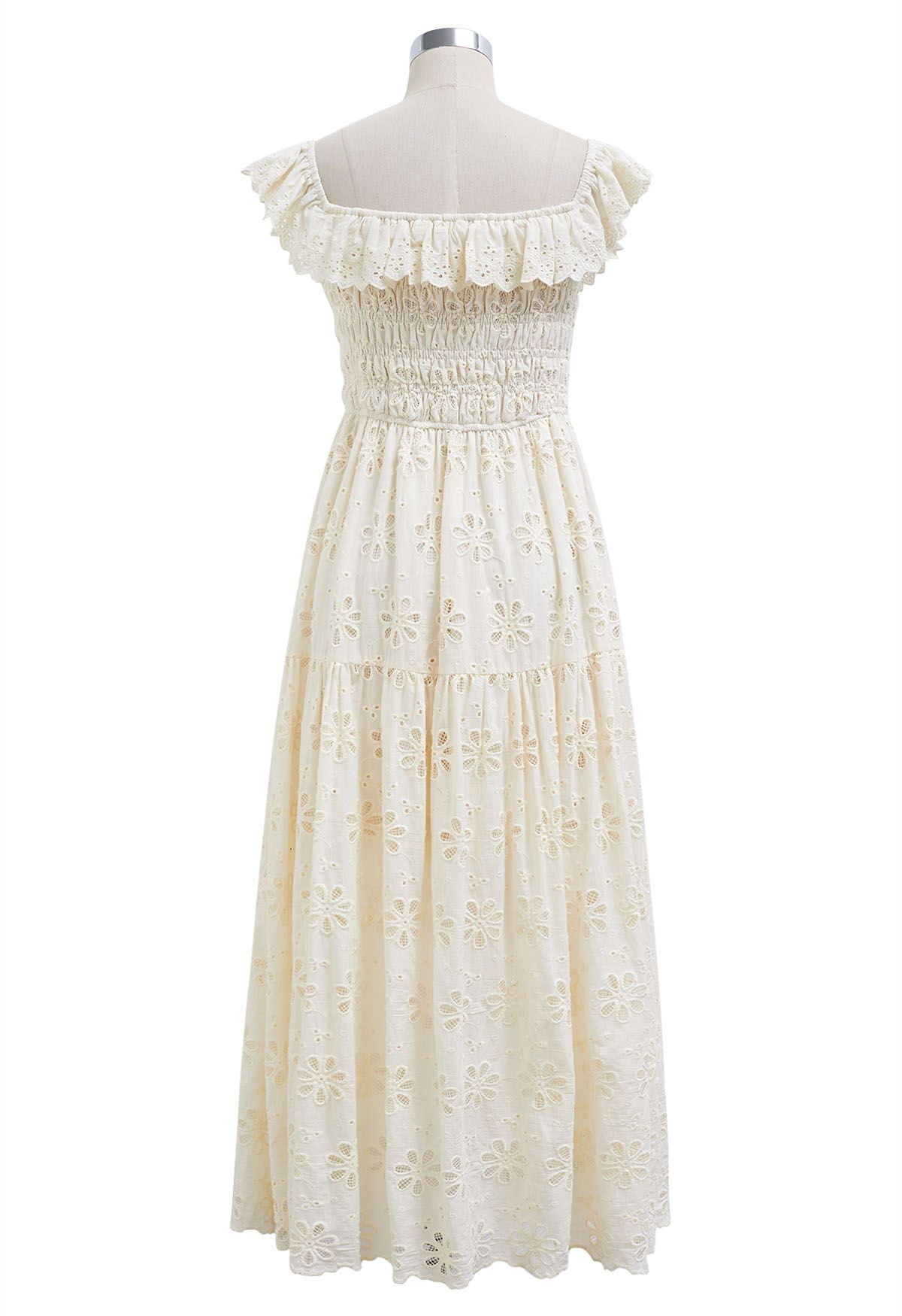 Embroidered Daisy Ruffled Off-Shoulder Midi Dress in Cream