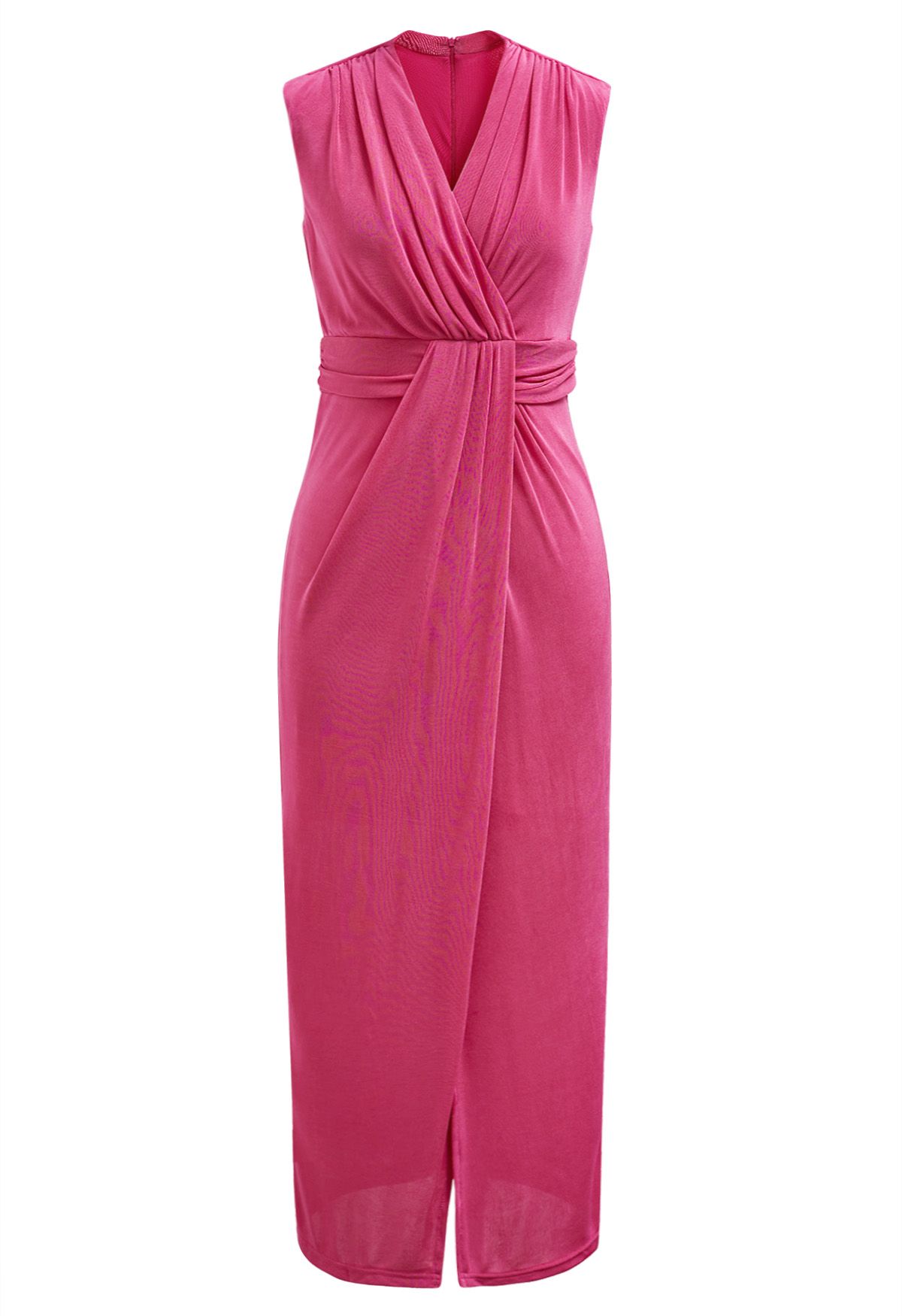 Cinched Waist Faux-Wrap Sheath Dress in Hot Pink