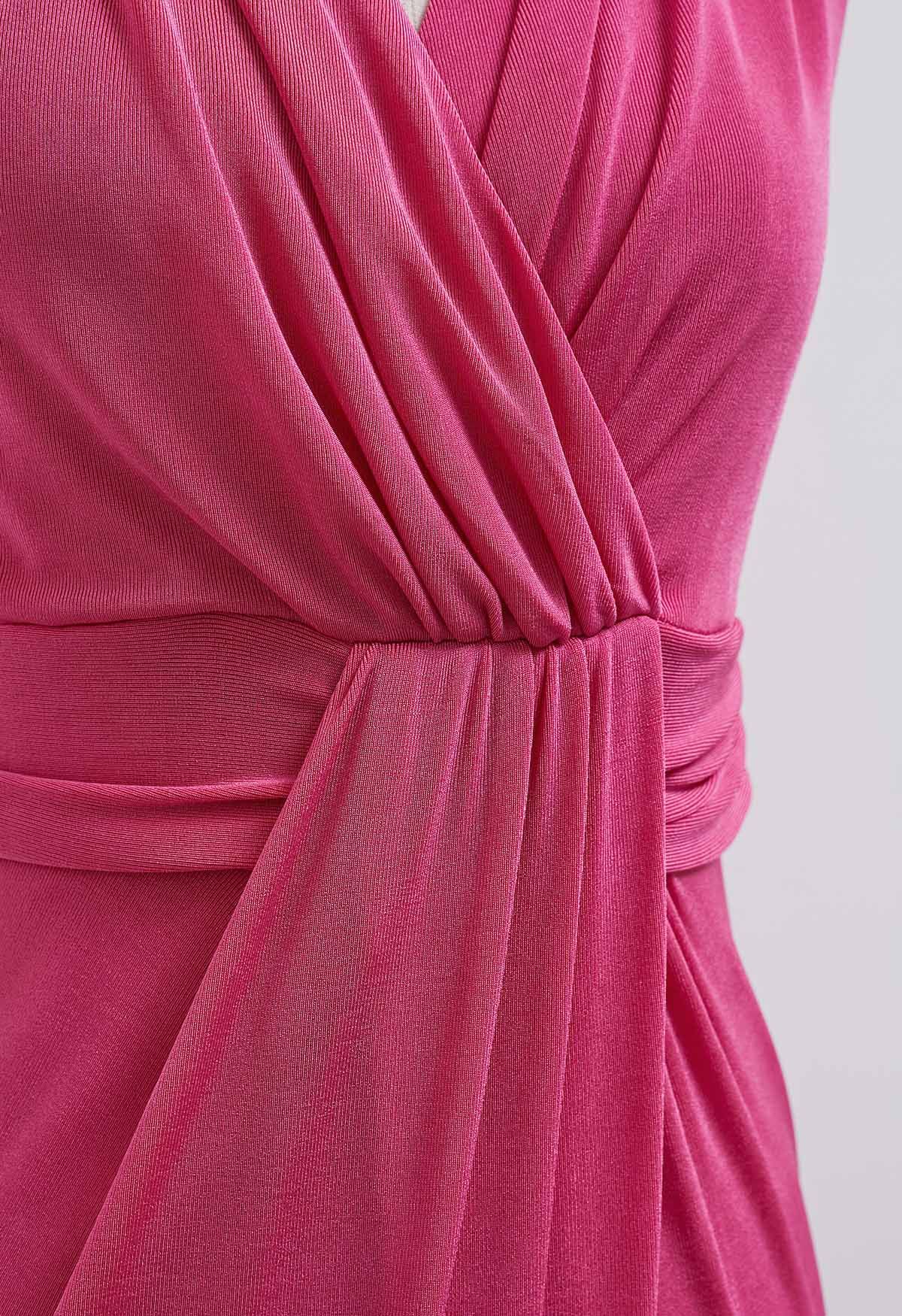 Cinched Waist Faux Wrap Sheath Dress in Hot Pink Retro Indie and Unique Fashion