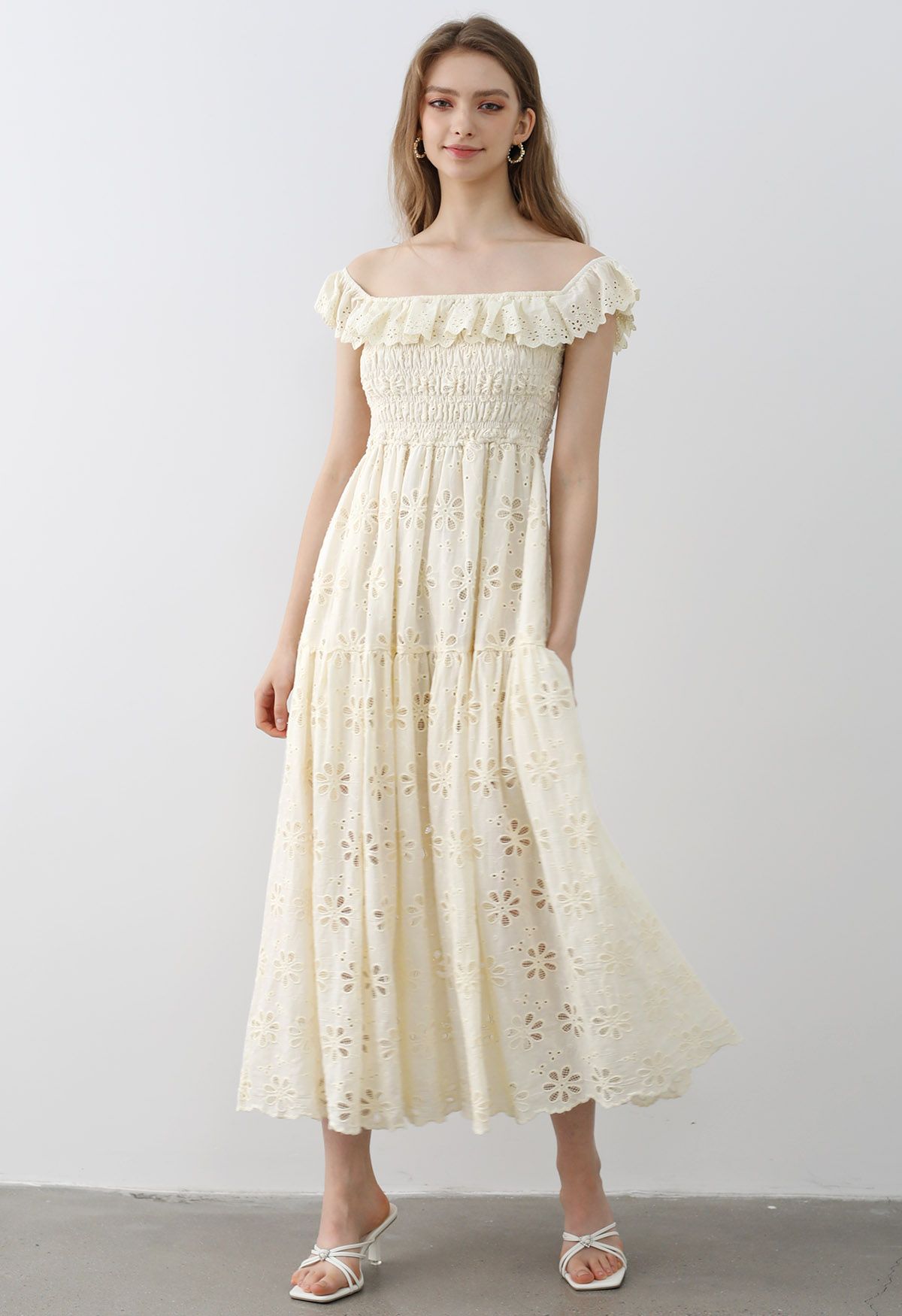 Embroidered Daisy Ruffled Off-Shoulder Midi Dress in Cream