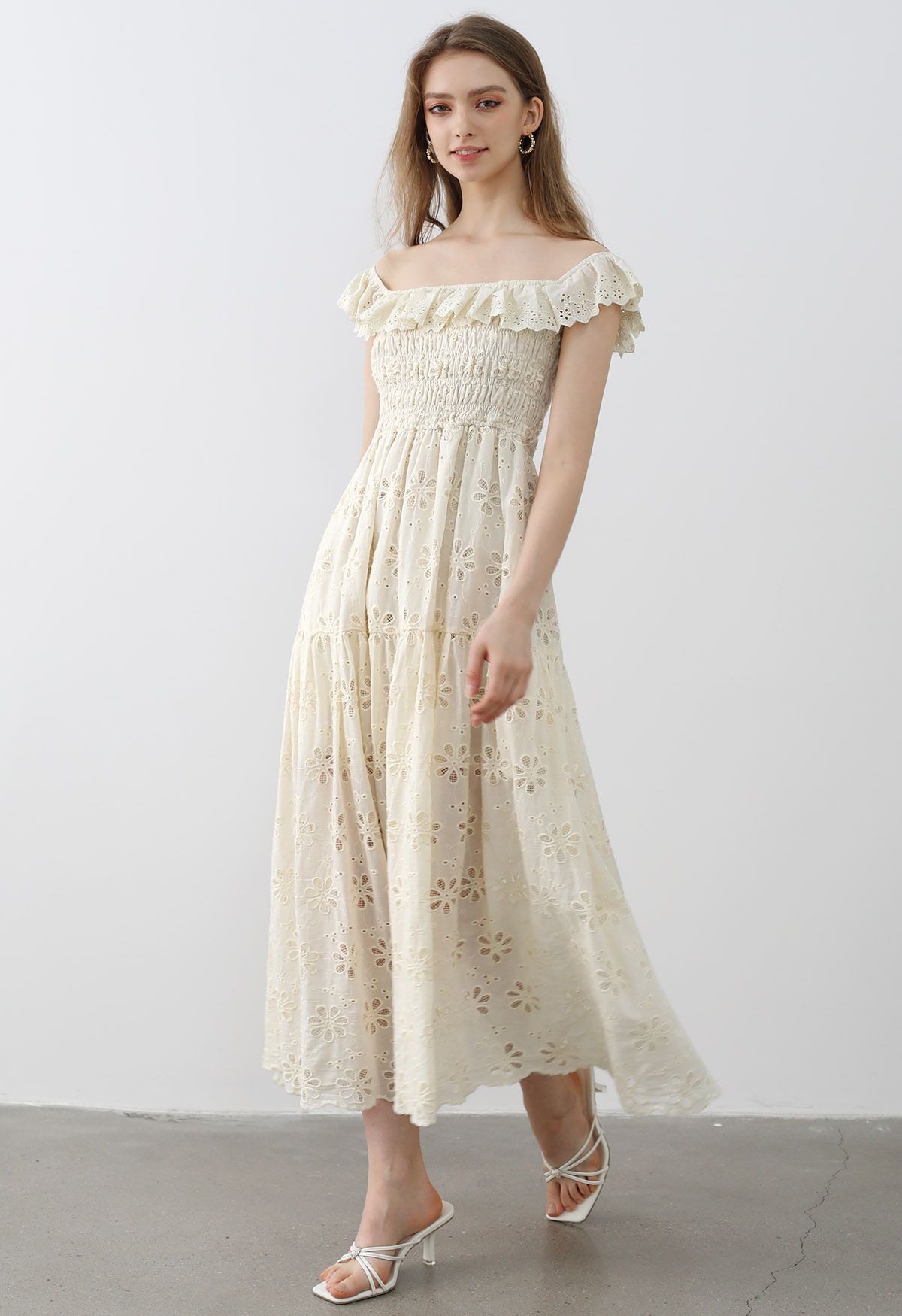 Embroidered Daisy Ruffled Off-Shoulder Midi Dress in Cream