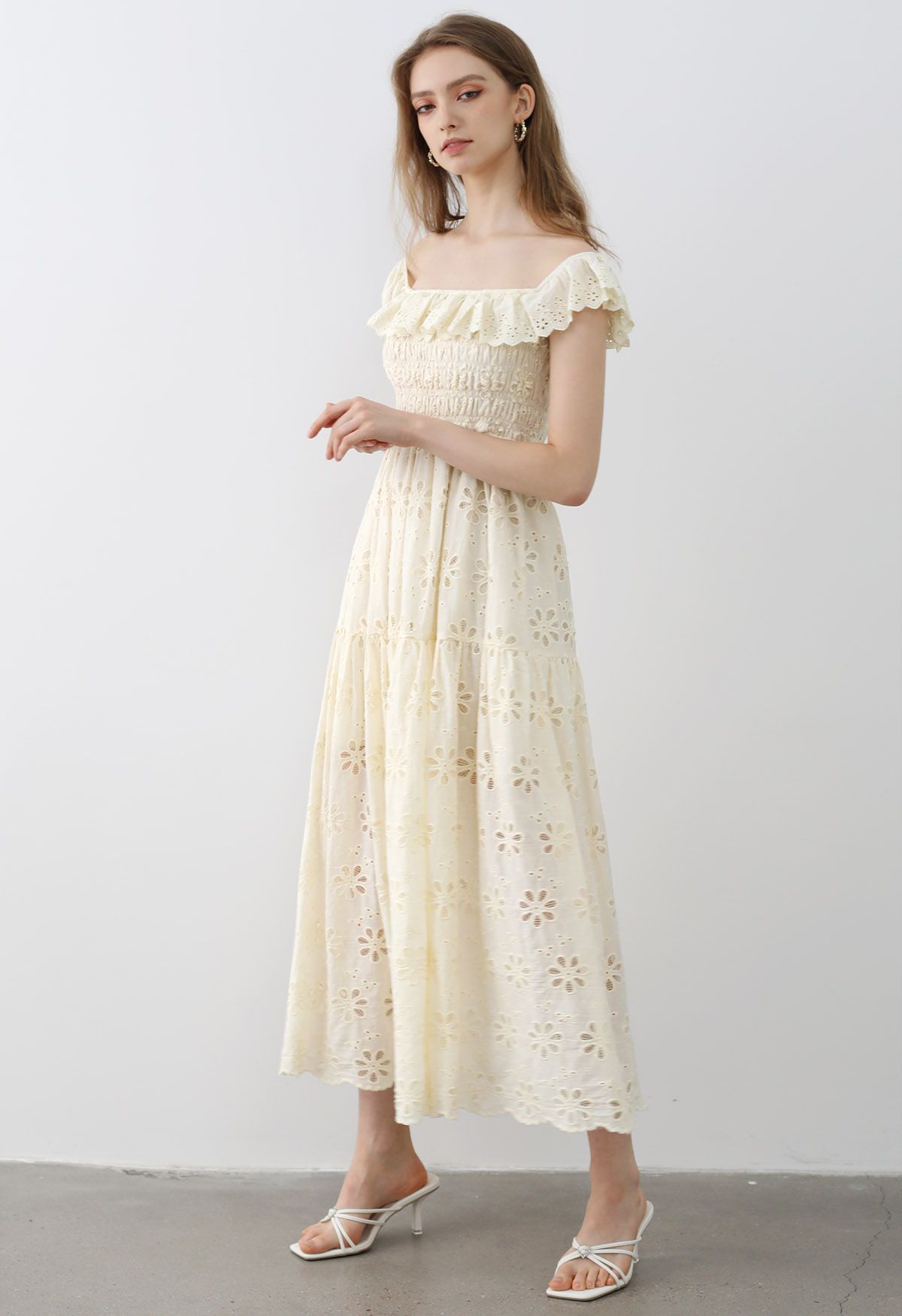 Embroidered Daisy Ruffled Off-Shoulder Midi Dress in Cream