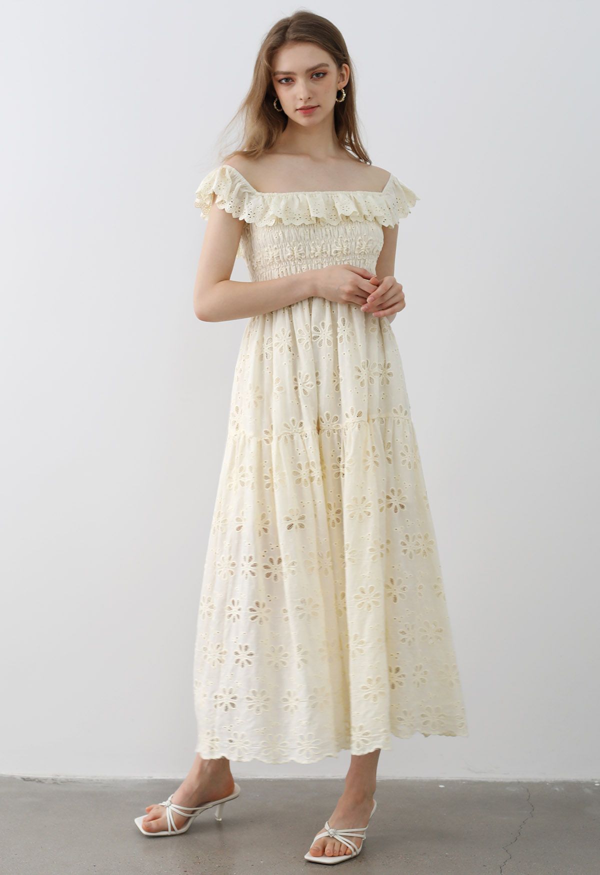 Embroidered Daisy Ruffled Off-Shoulder Midi Dress in Cream