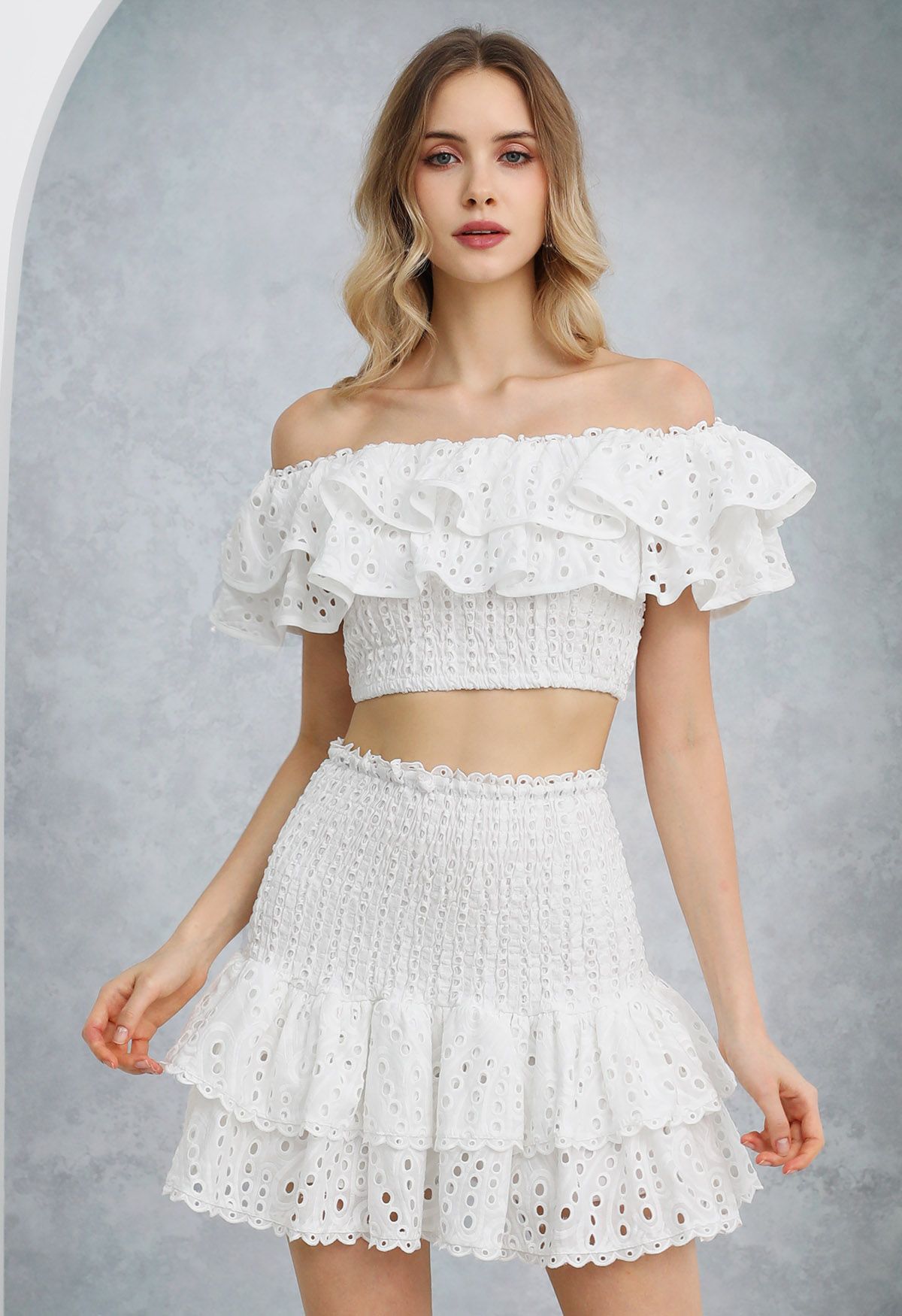 Ruffled Off Shoulder Shirred Crop Top and Mini Skirt Set in White