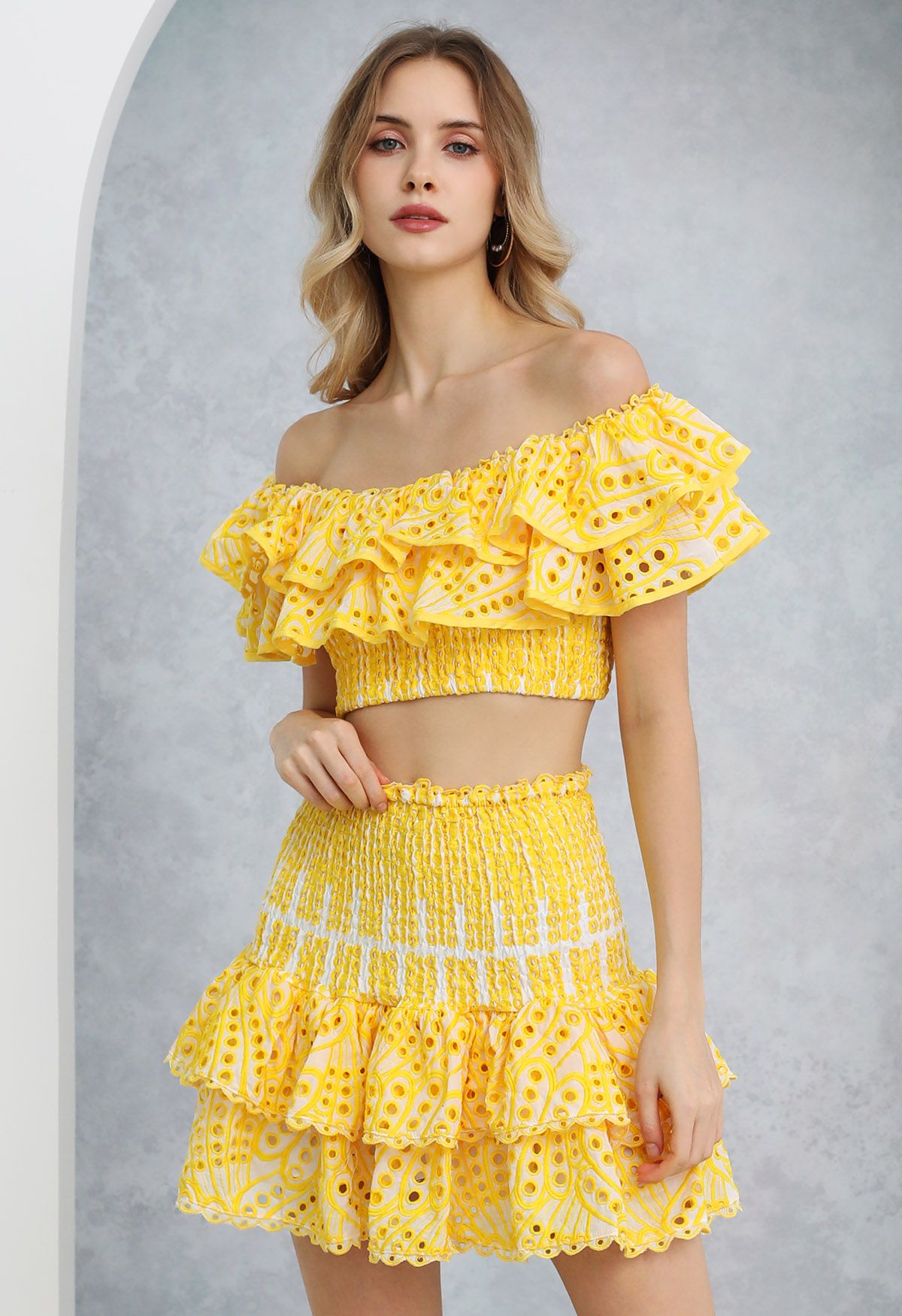 Chicwish Off Shoulder Ruffled Shirred Crop Top and Mini Skirt Set