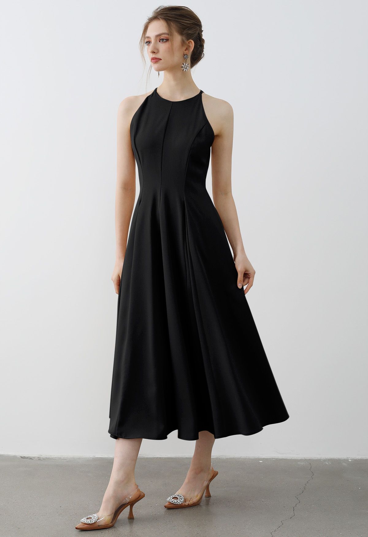 Refined Halter Neck Panelled Midi Dress in Black