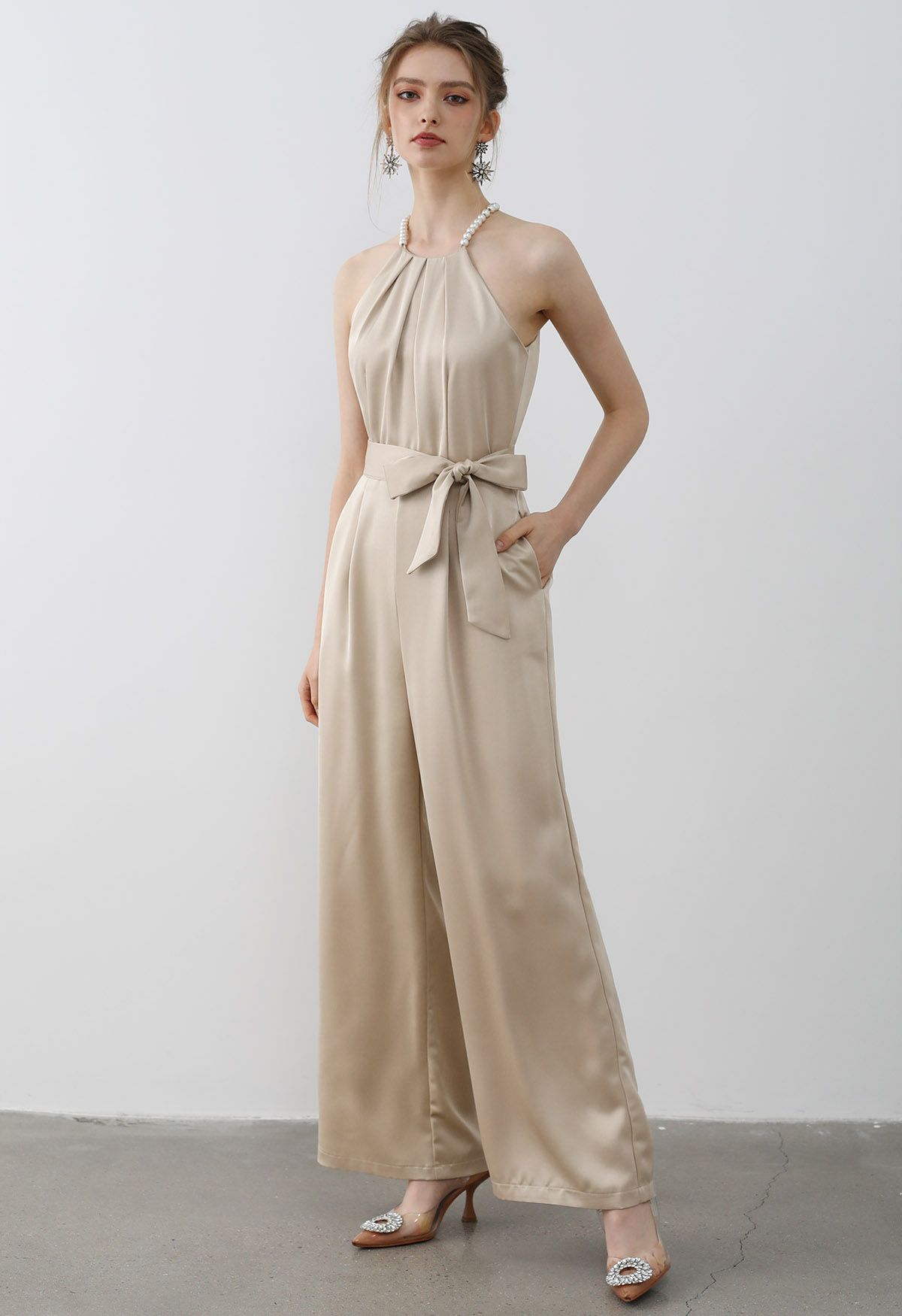 Satin Tie Waist Pearly Halter Jumpsuit in Sand