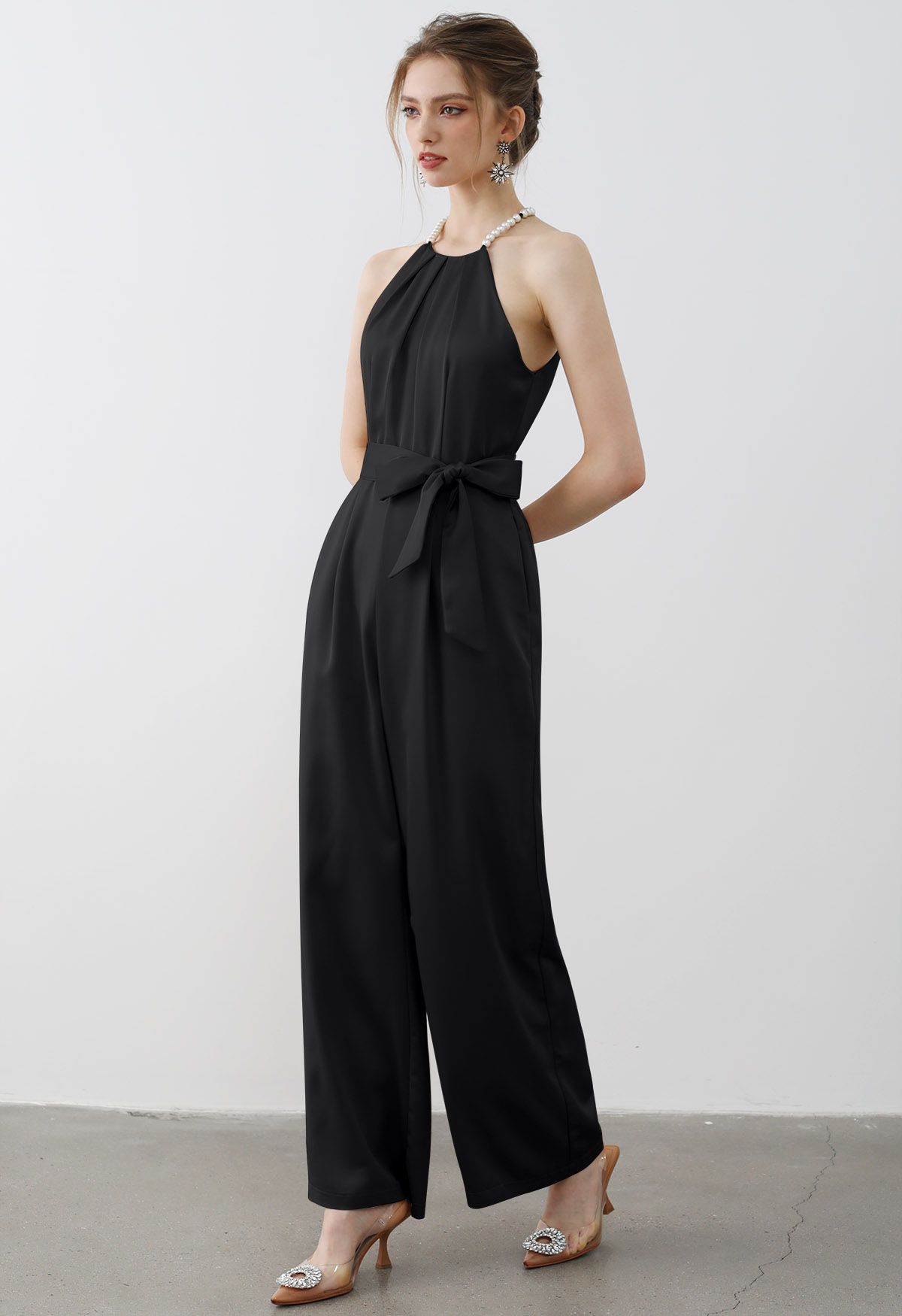 Satin Tie-Waist Pearly Halter Jumpsuit in Black