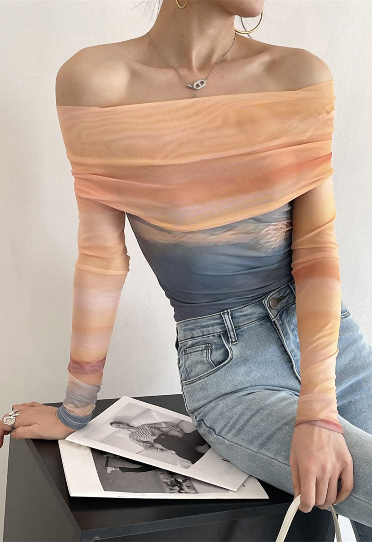 Gradient Tie Dye Off Shoulder Mesh Top Retro Indie and Unique Fashion