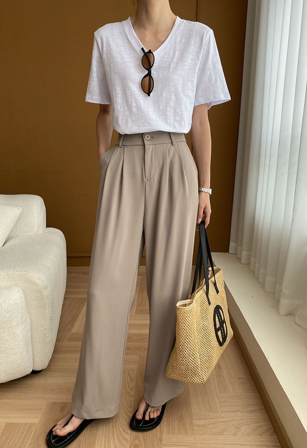 High-Waist Straight-Leg Pants in Khaki