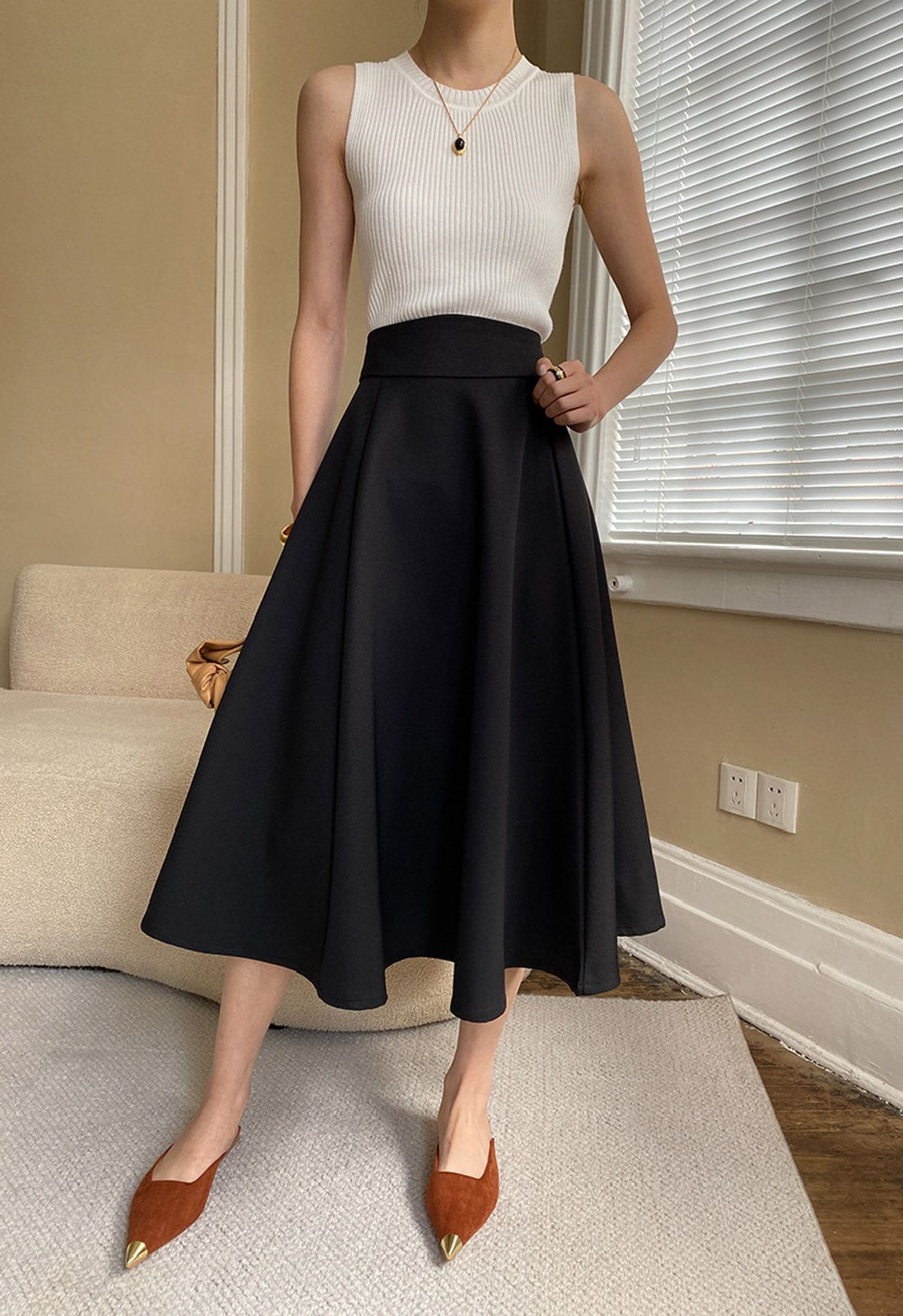 Solid Black High Waist A Line Midi Skirt Retro Indie and Unique Fashion