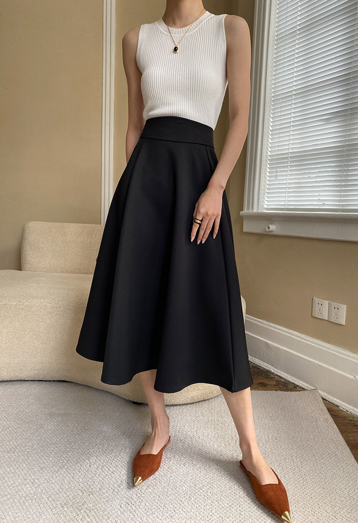 Solid Black High Waist A Line Midi Skirt