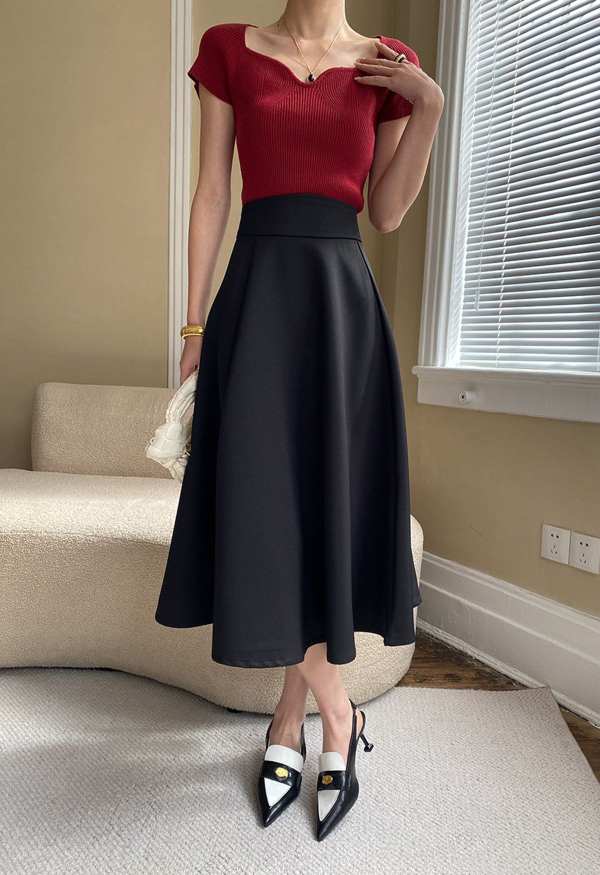 Solid Black High-Waist A-Line Midi Skirt 