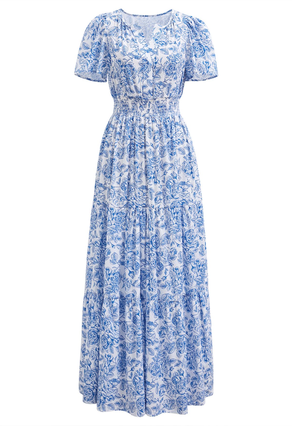 Ebullient Blue Flower Printed Maxi Dress