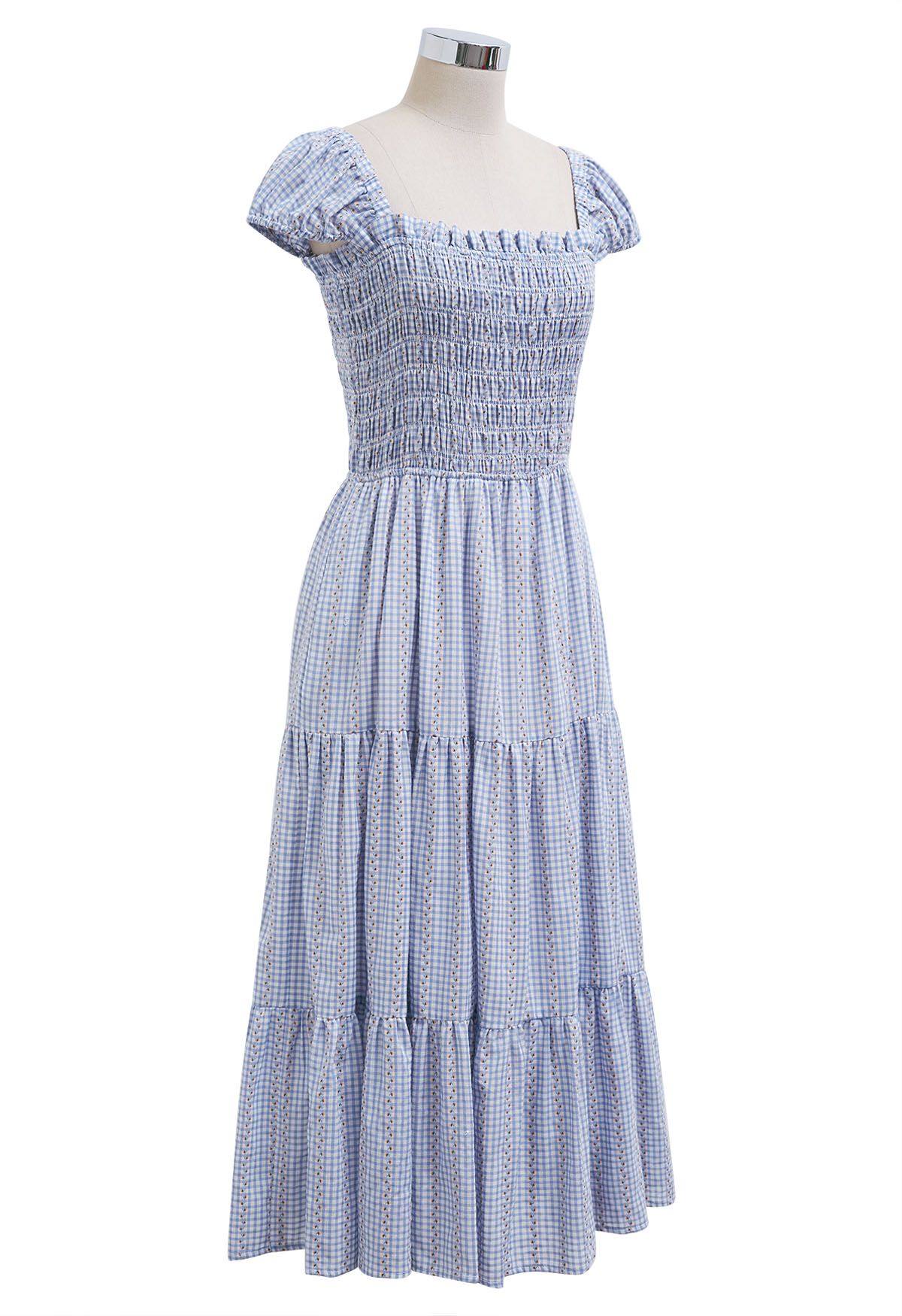 Gingham Charm Floret Square Neck Midi Dress in Blue