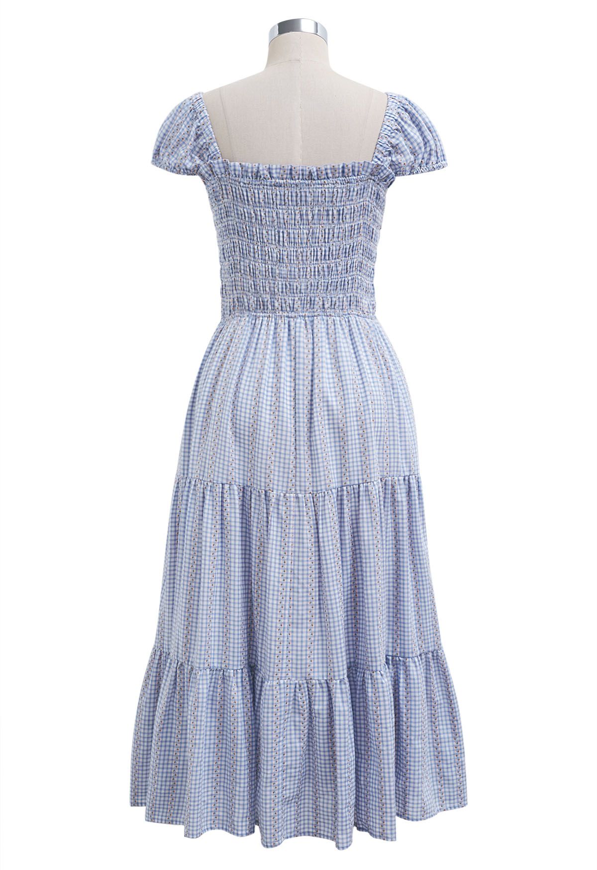 Gingham Charm Floret Square Neck Midi Dress in Blue - Retro, Indie and ...