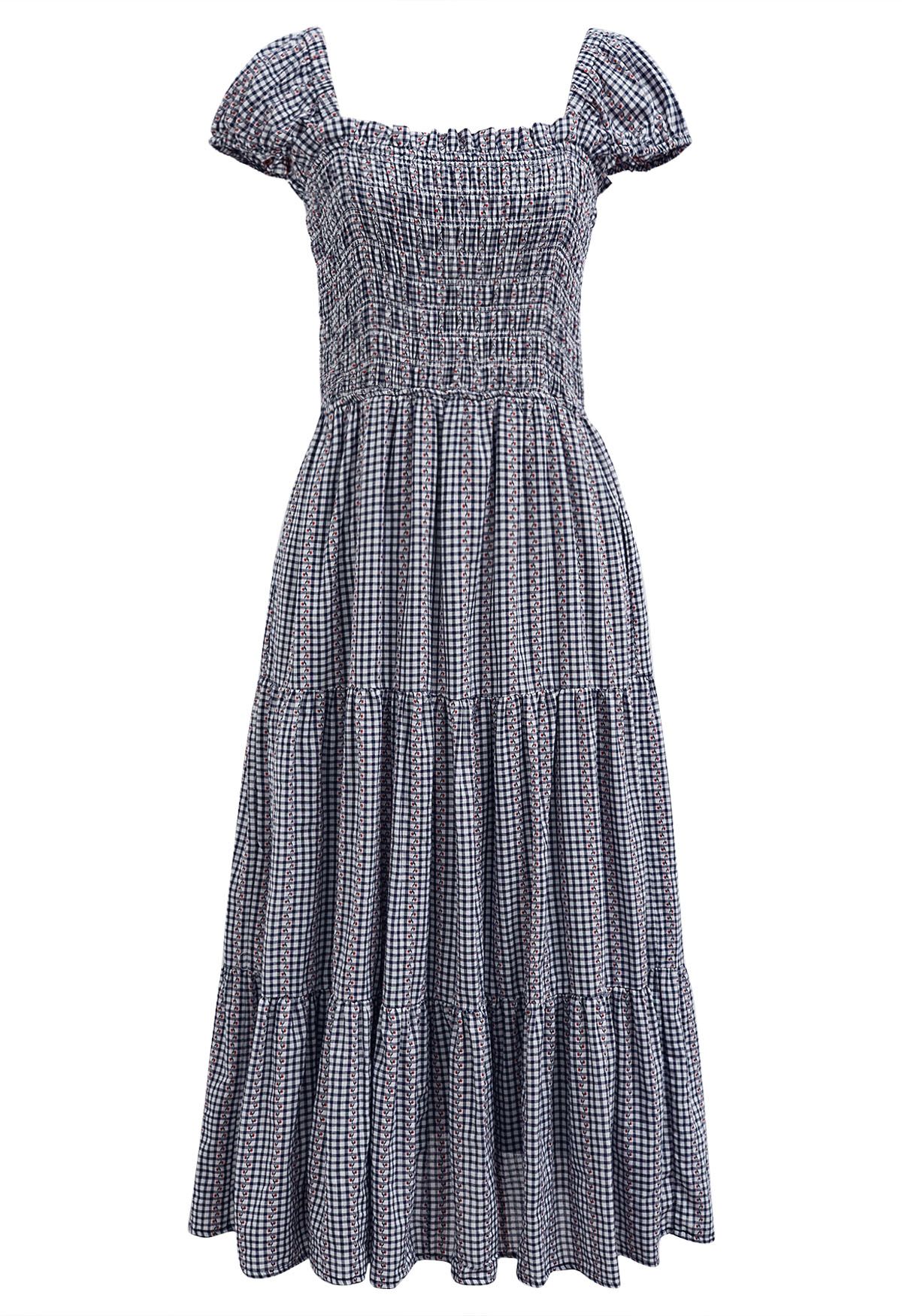 Gingham Charm Floret Square Neck Midi Dress in Black