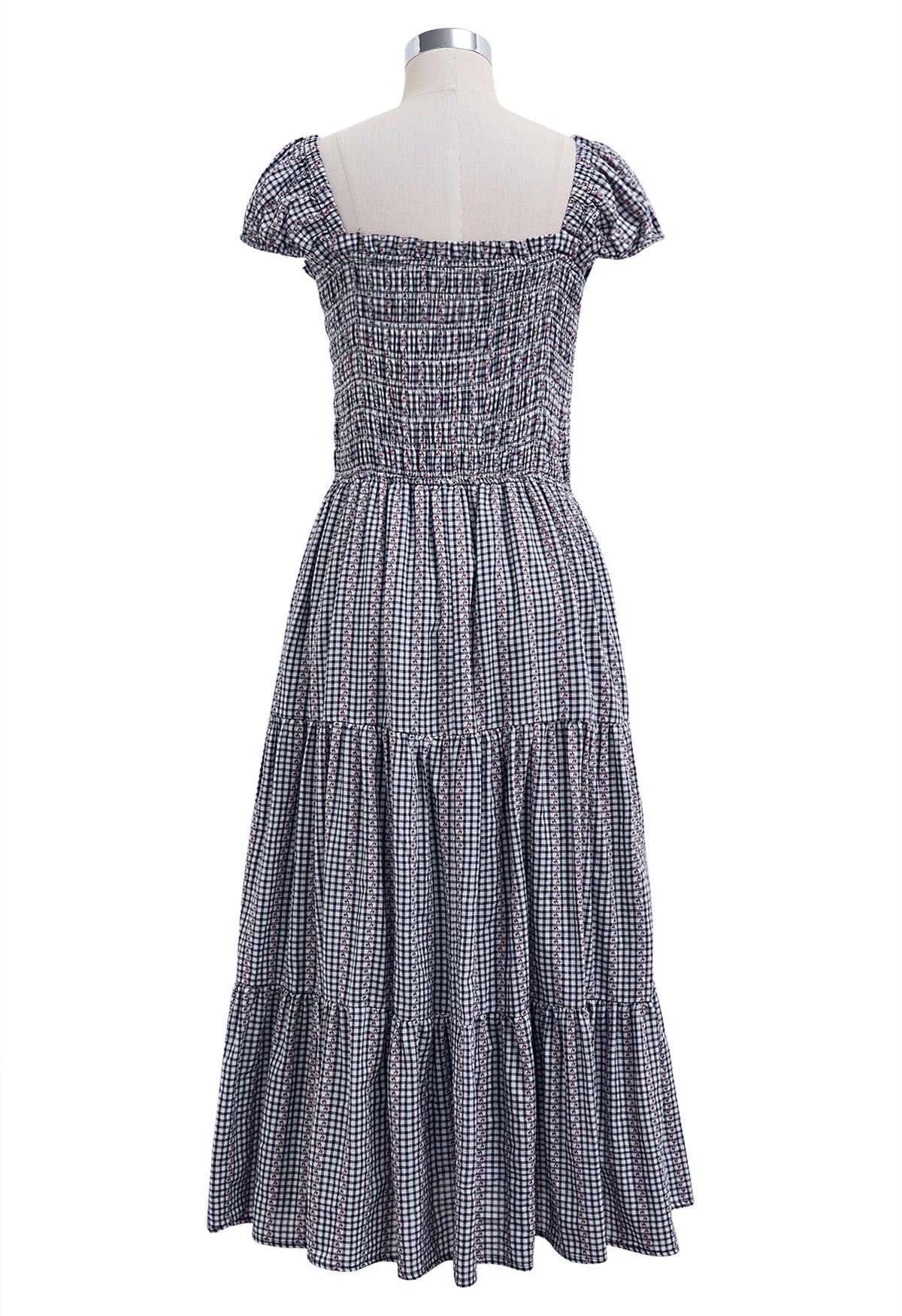 Gingham Charm Floret Square Neck Midi Dress in Black