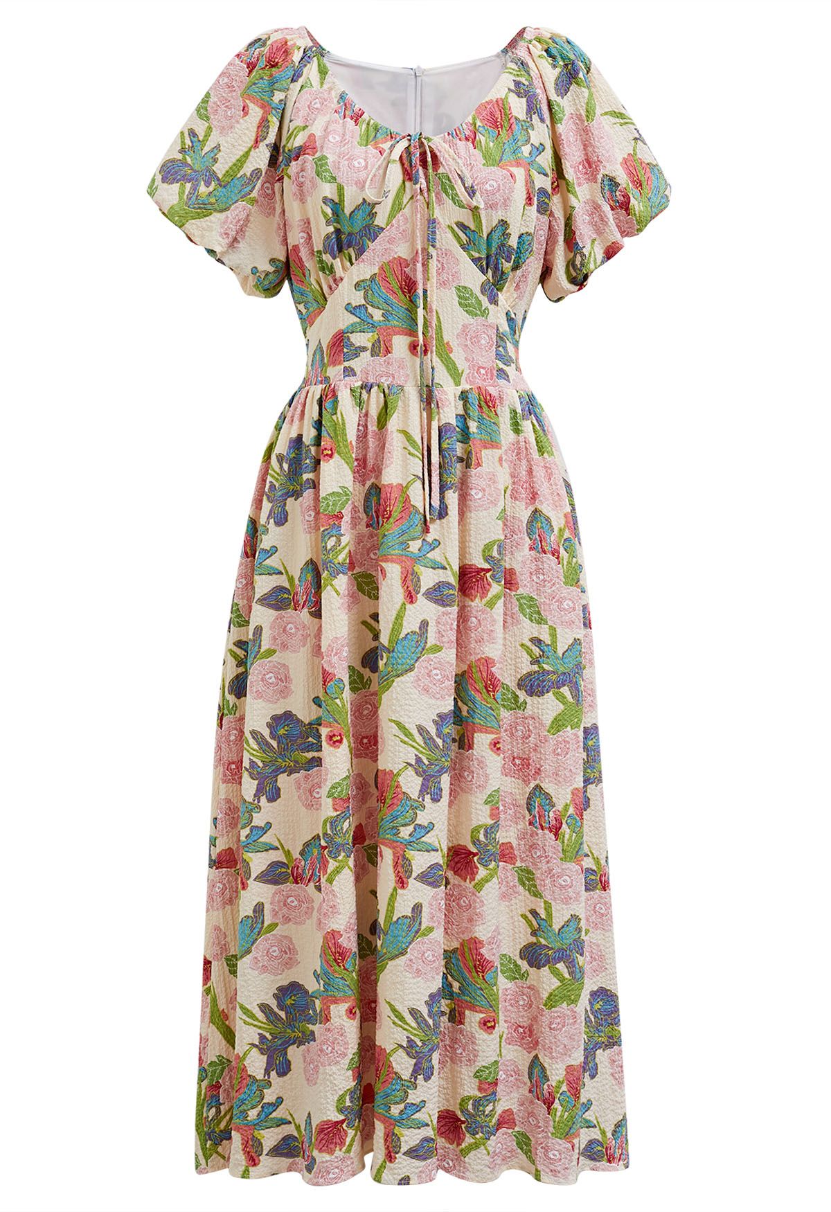 Leafy Garden Rose Print Puff Sleeve Midi Dress