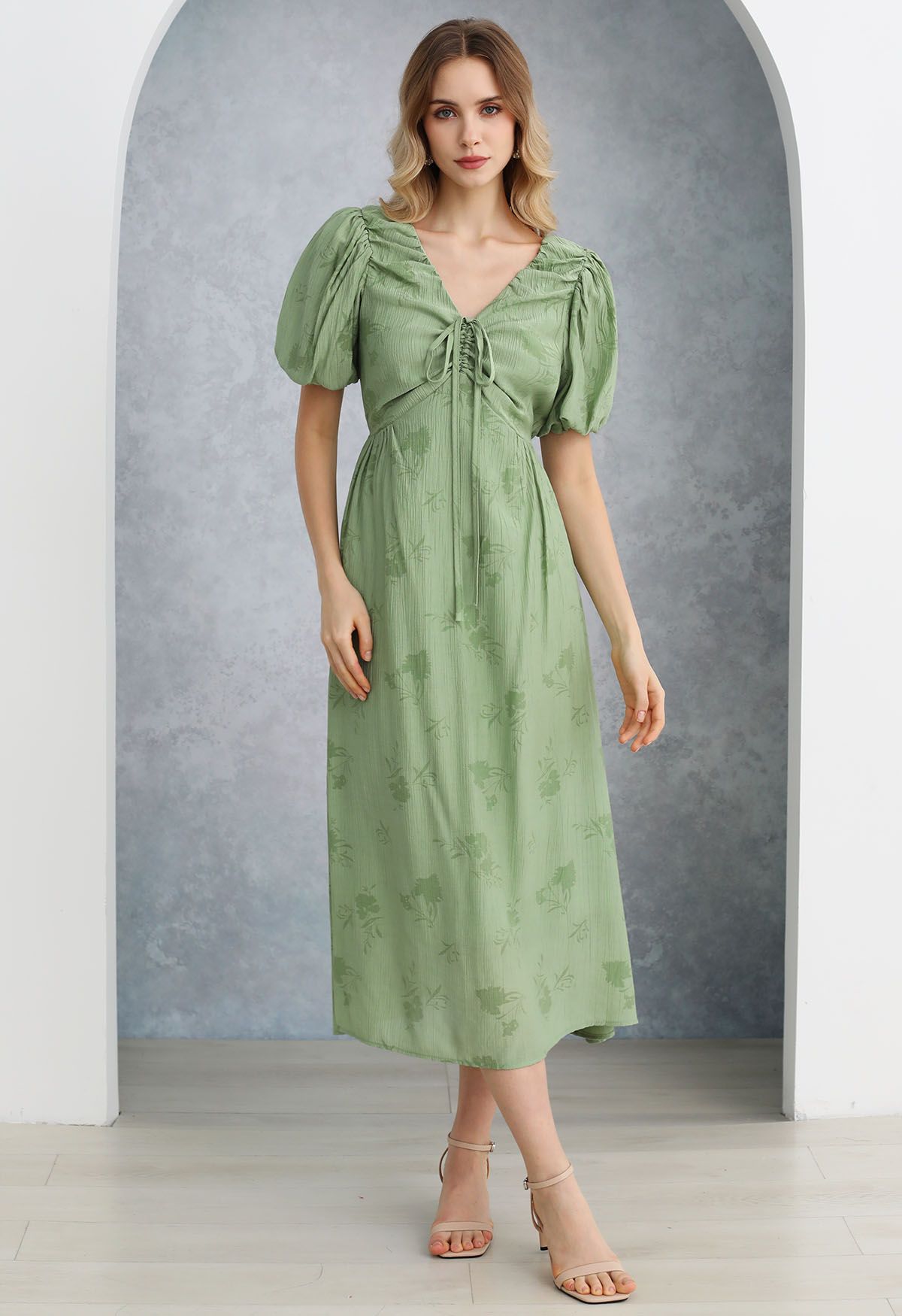 Subtle Floral Texture Drawstring V-Neck Midi Dress in Green