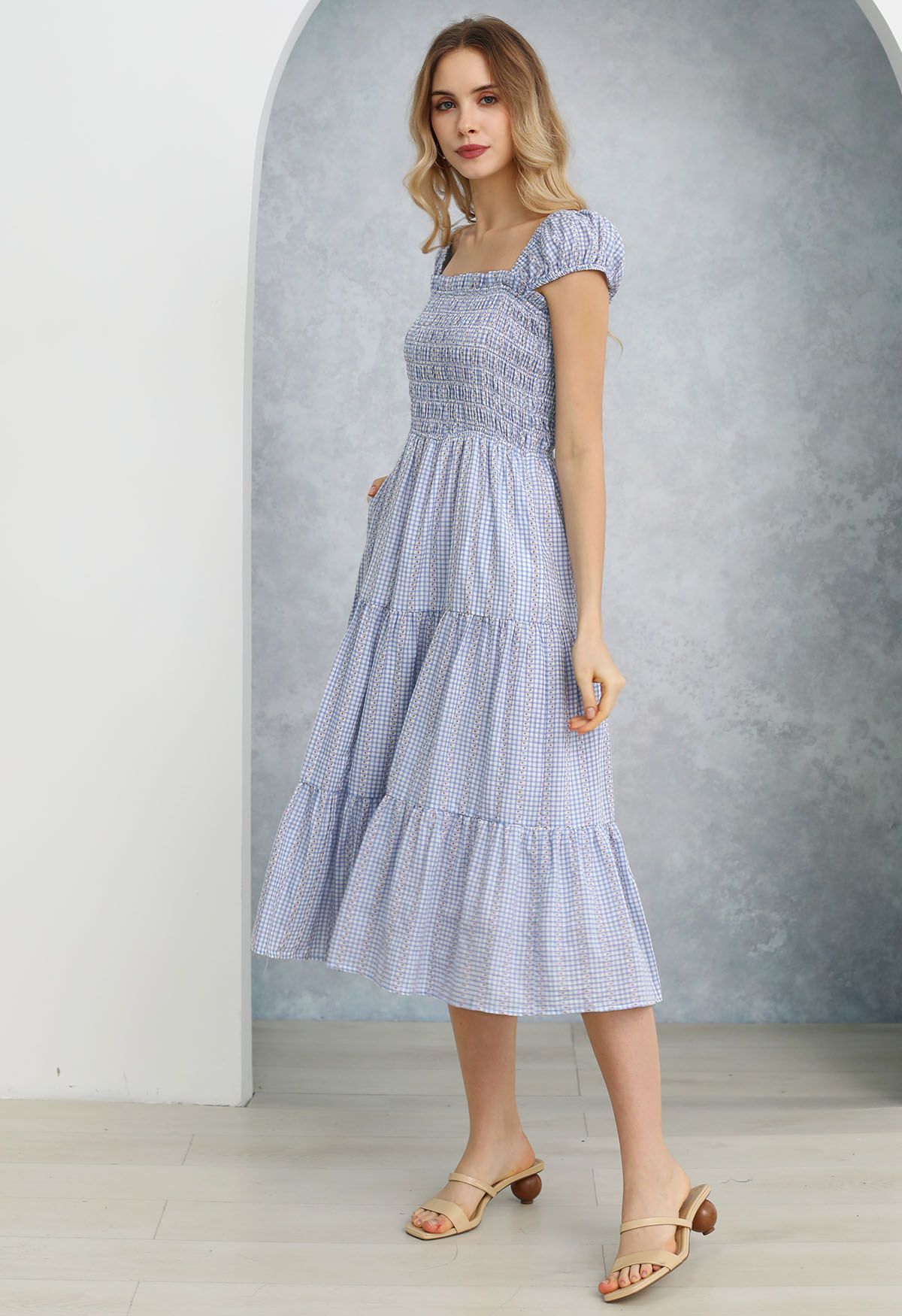 Gingham Charm Floret Square Neck Midi Dress in Blue