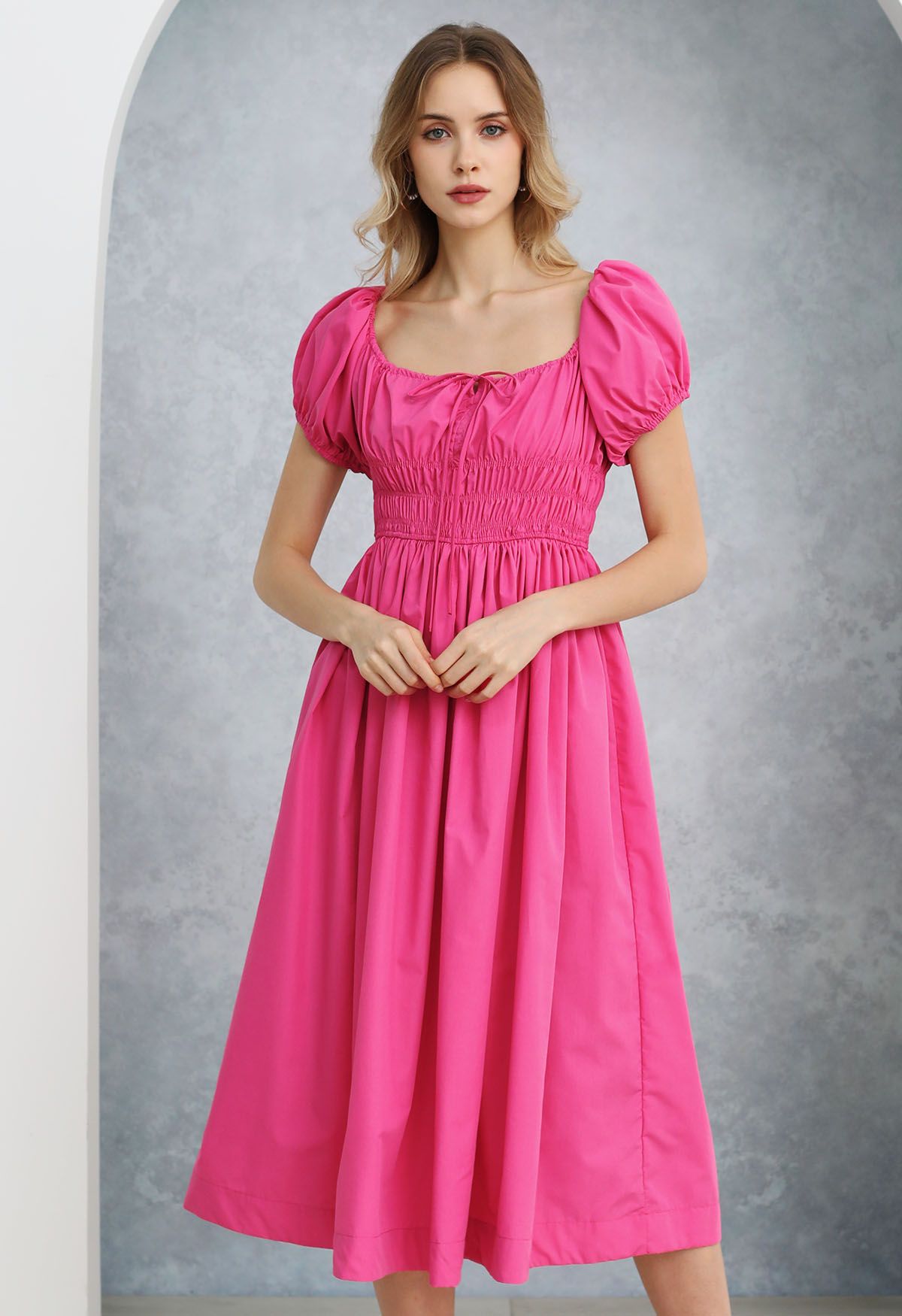 Square Neck Bubble Sleeve Shirred Midi Dress in Hot Pink