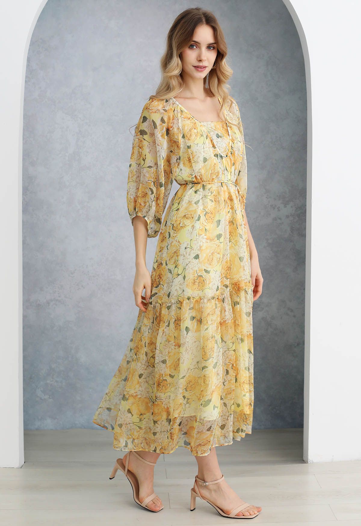 Gauzy Floral Print Bubble Sleeve Dolly Dress in Yellow