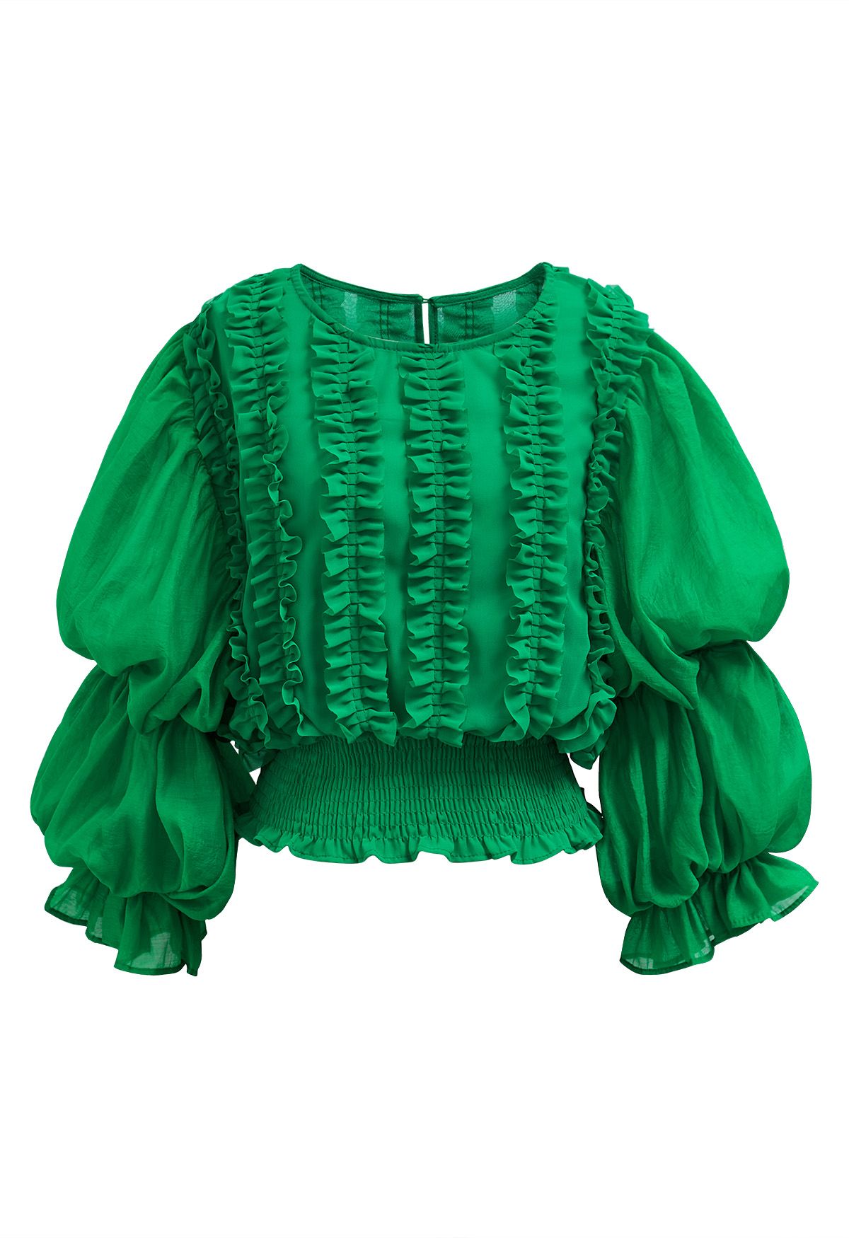 Bubble Sleeve Ruffle Trim Chiffon Spliced Crop Top in Green